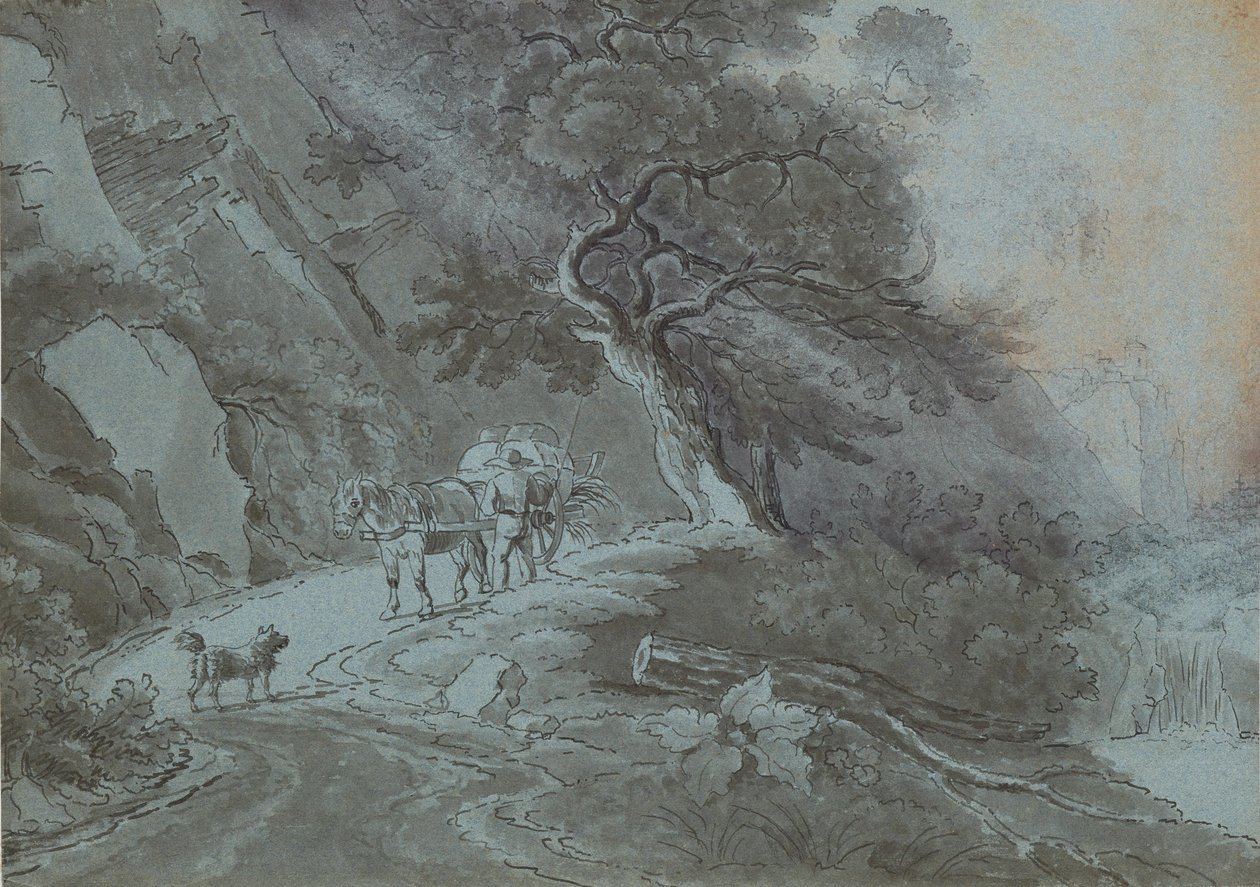 Maanviljelijä ja hevoskärryt metsäpolulla ukkosmyrskyssä tekijältä Johann Christian Brand