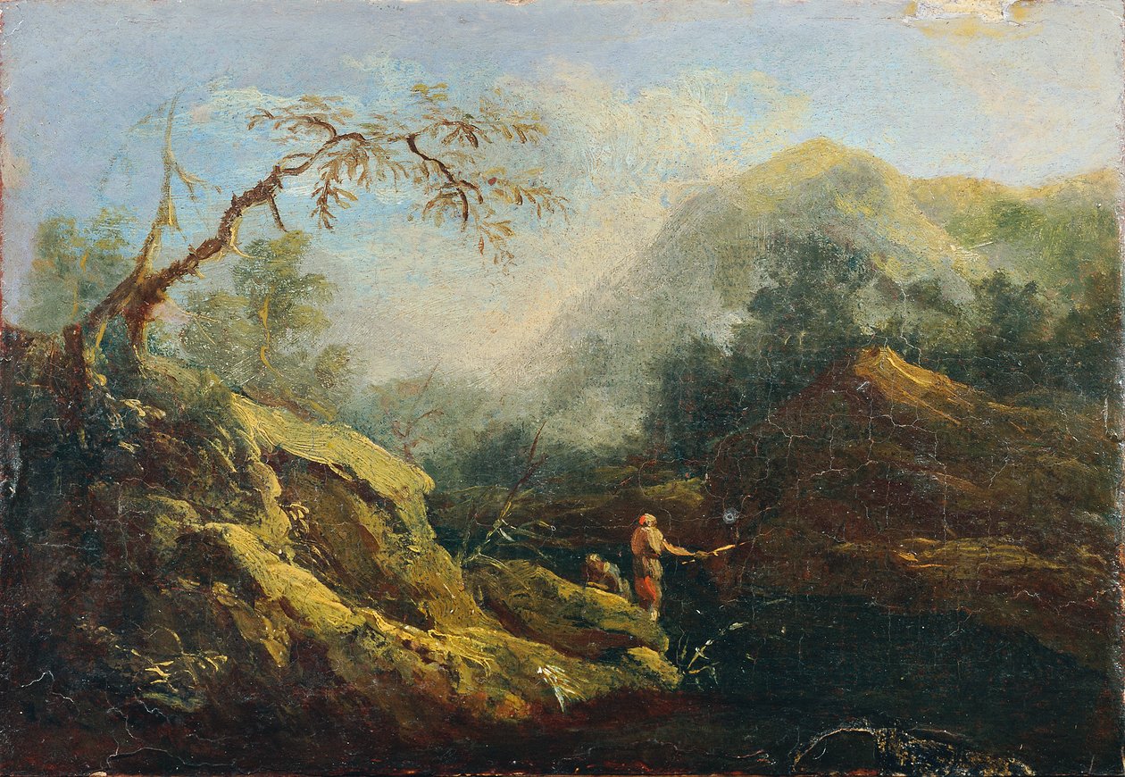 Vuoristoinen maisema kalastajien kanssa tekijältä Johann Christian Brand
