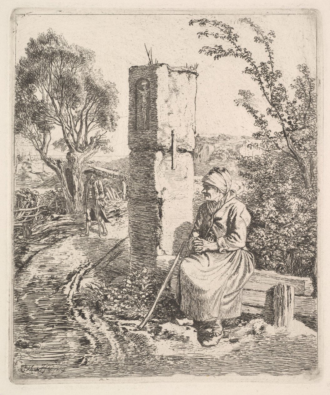 Vanha rouva istumassa lähellä pylvästä tien reunassa, 1819. tekijältä Johann Christian Erhard
