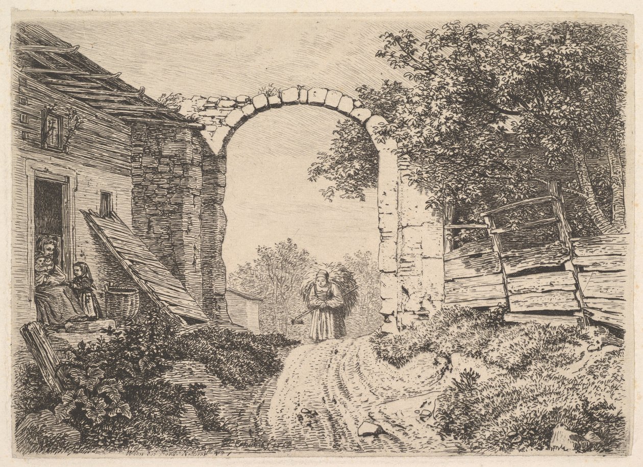 Tyttö heinäkuorman kanssa, Thorbogenin ulkopuolella, 1817. tekijältä Johann Christian Erhard