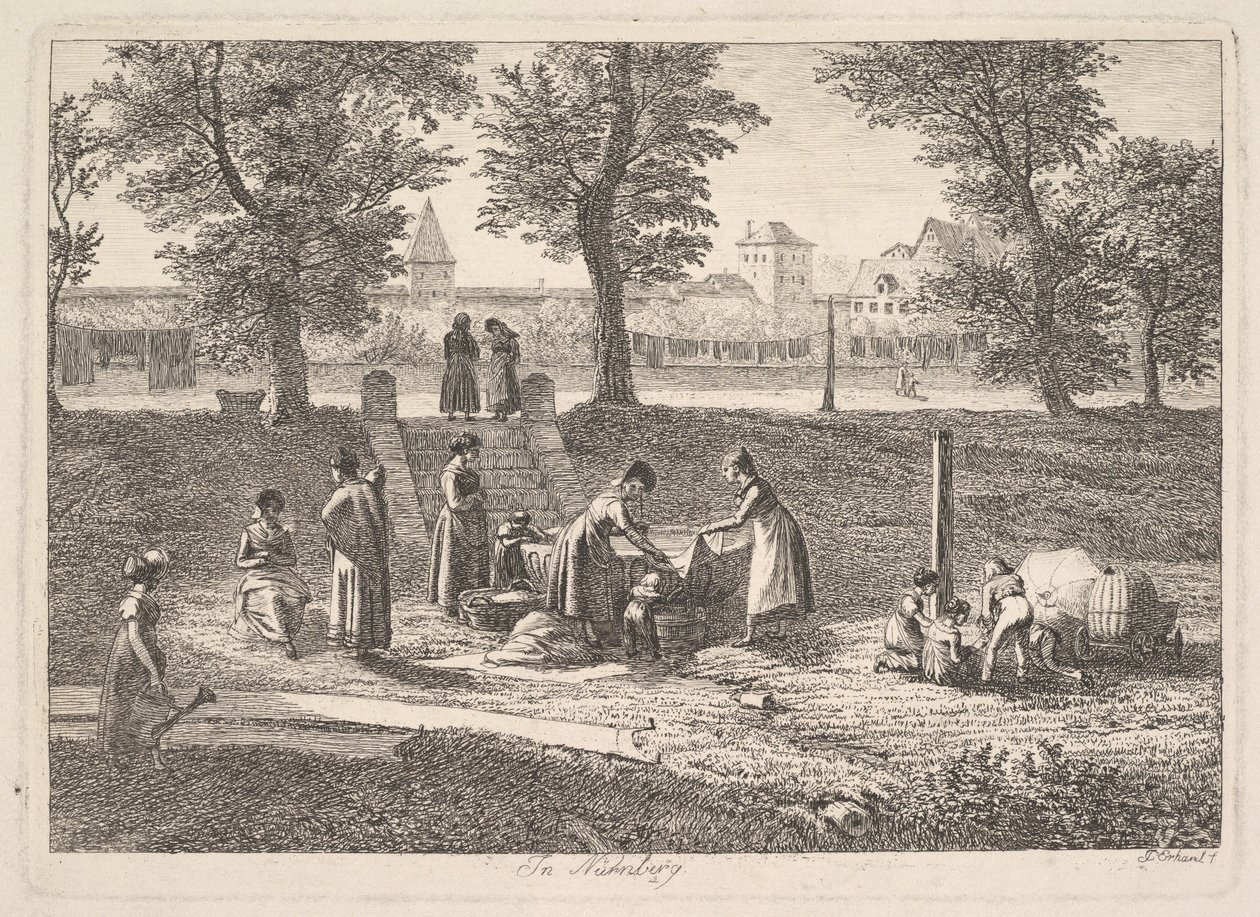 Ulkoilmakuva naisista kotielämässä Nürnbergissä, 1800-luku. tekijältä Johann Christian Erhard