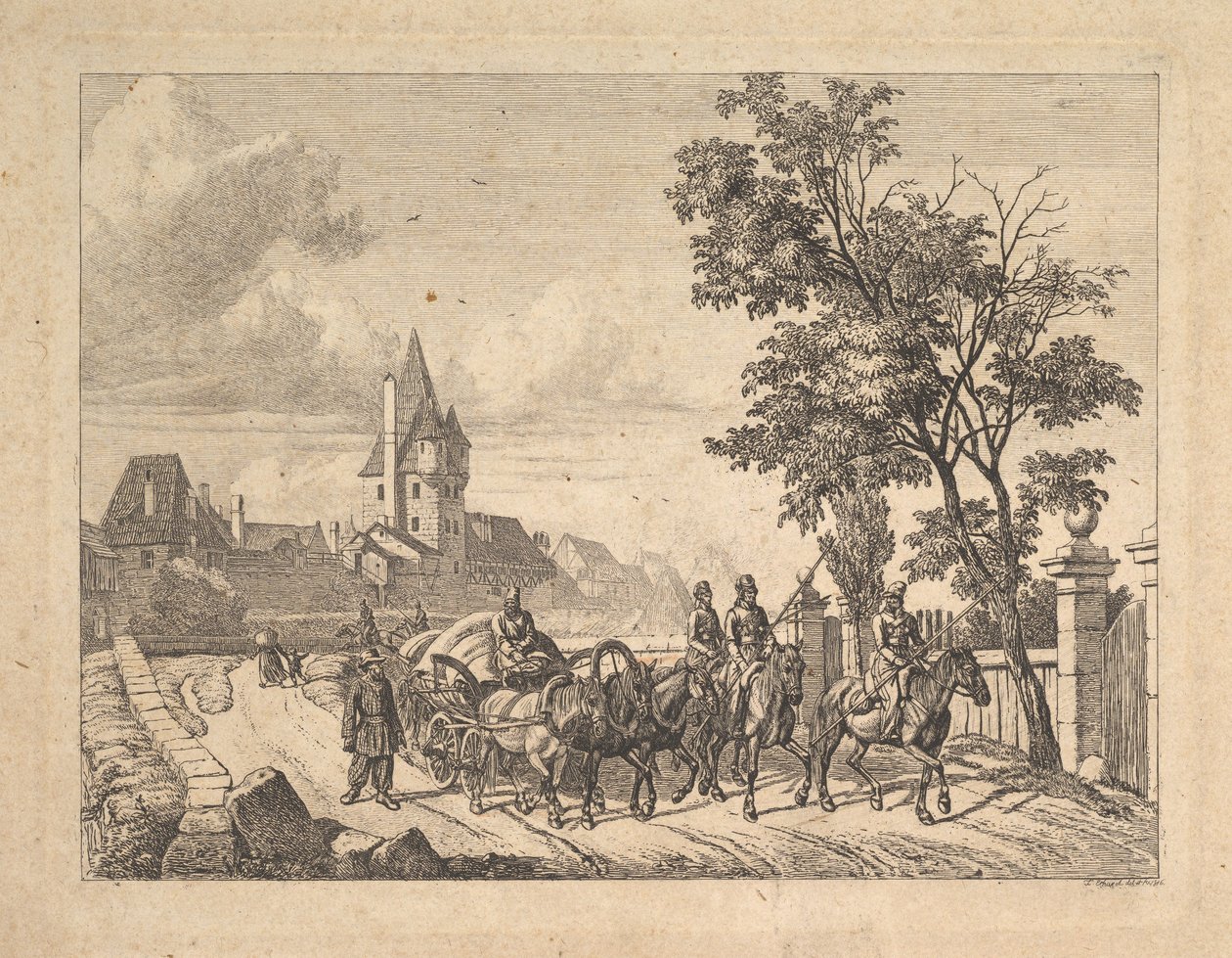 Kasakat saattamassa matkatavaravaunua, 1816. tekijältä Johann Christian Erhard