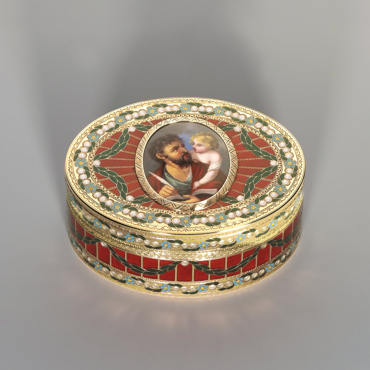 Nuuskalaatikko, Dresden, n. 1775–1780, miniatyyri Geneve, n. 1800 (Saksin kovakivi, kulta ja emali) tekijältä Johann Christian Neuber
