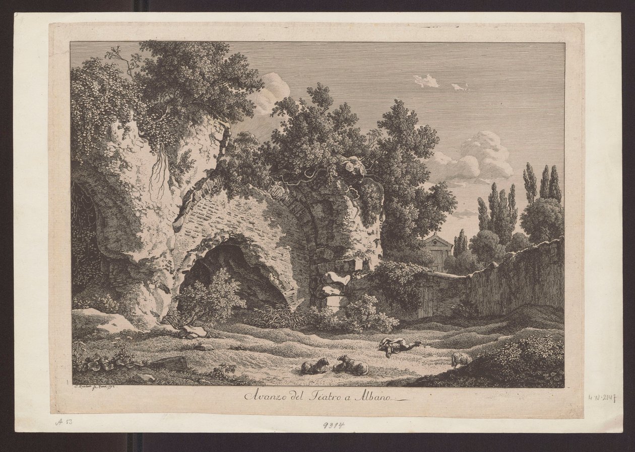 Albanon teatterin jäännös (paimen lampaineen raunioiden keskellä) tekijältä Johann Christian Reinhart