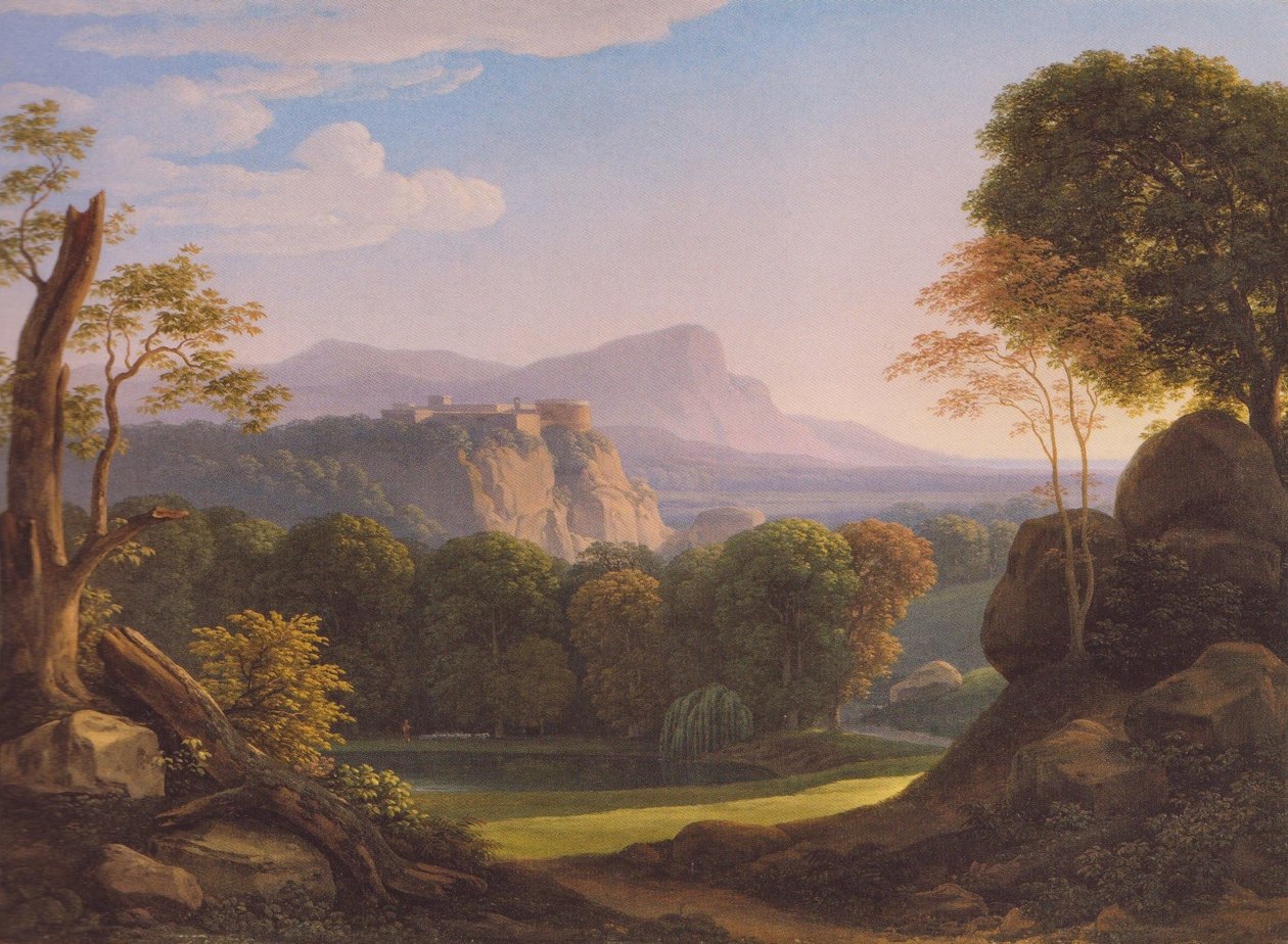 Saksa: Italienische Landschaft mit Schloss auf einem Bergrücken Italialainen maisema, jossa on linna harjanteella. tekijältä Johann Christian Reinhart