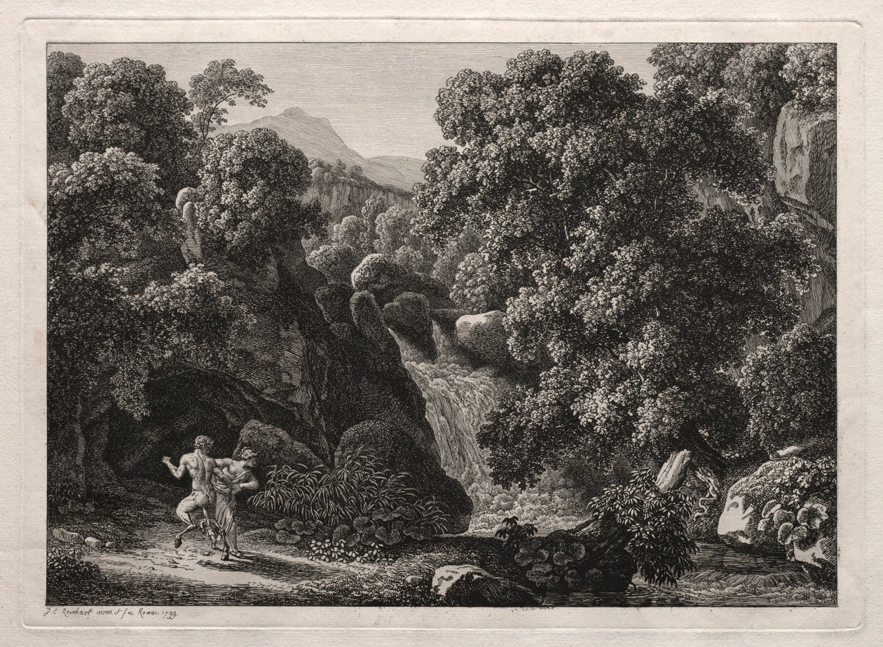 Sankarillinen maisema: Satyyri ja nymfi, 1799. tekijältä Johann Christian Reinhart