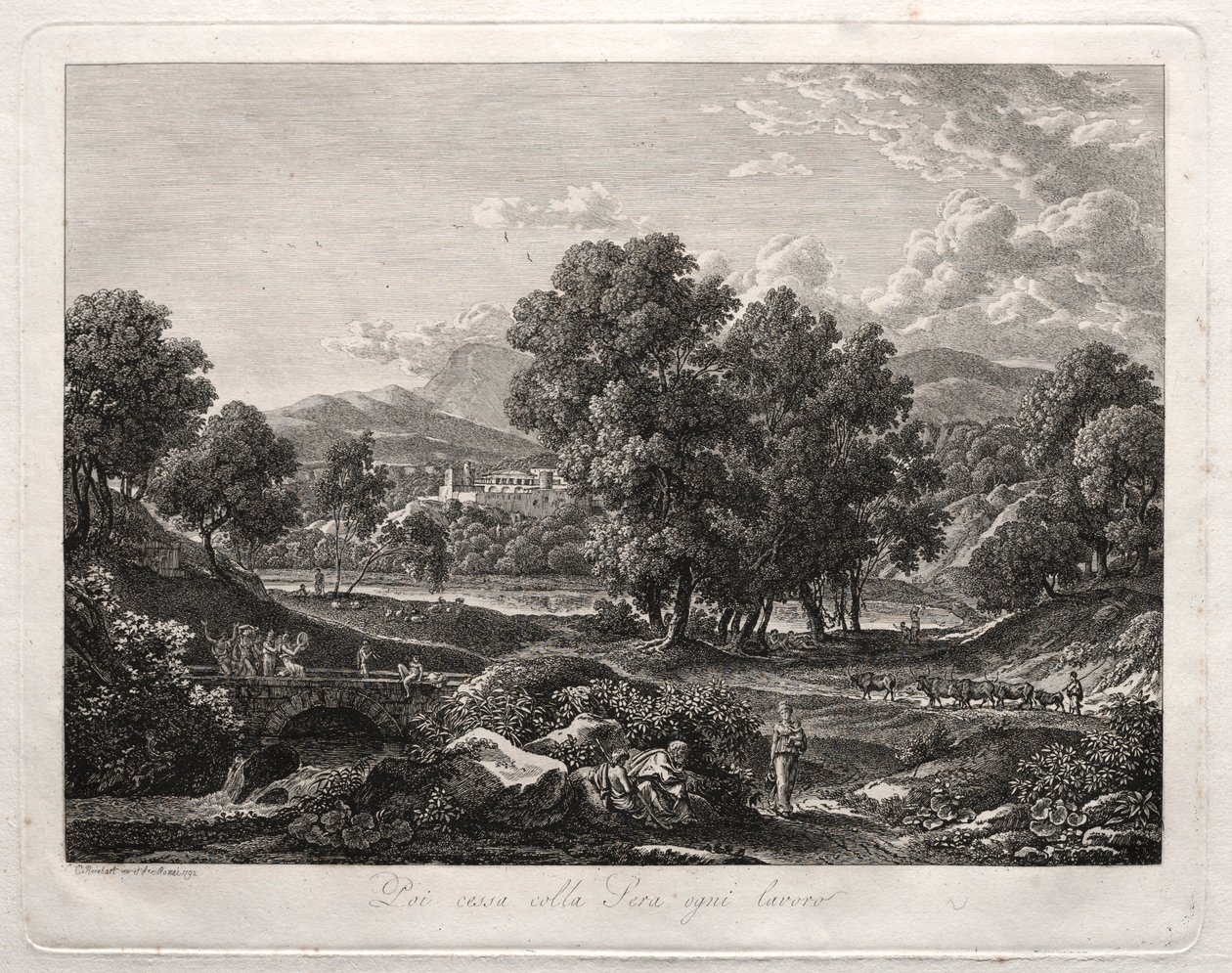 Sankarillinen maisema: Paimenet tanssivat sillalla, 1792. tekijältä Johann Christian Reinhart