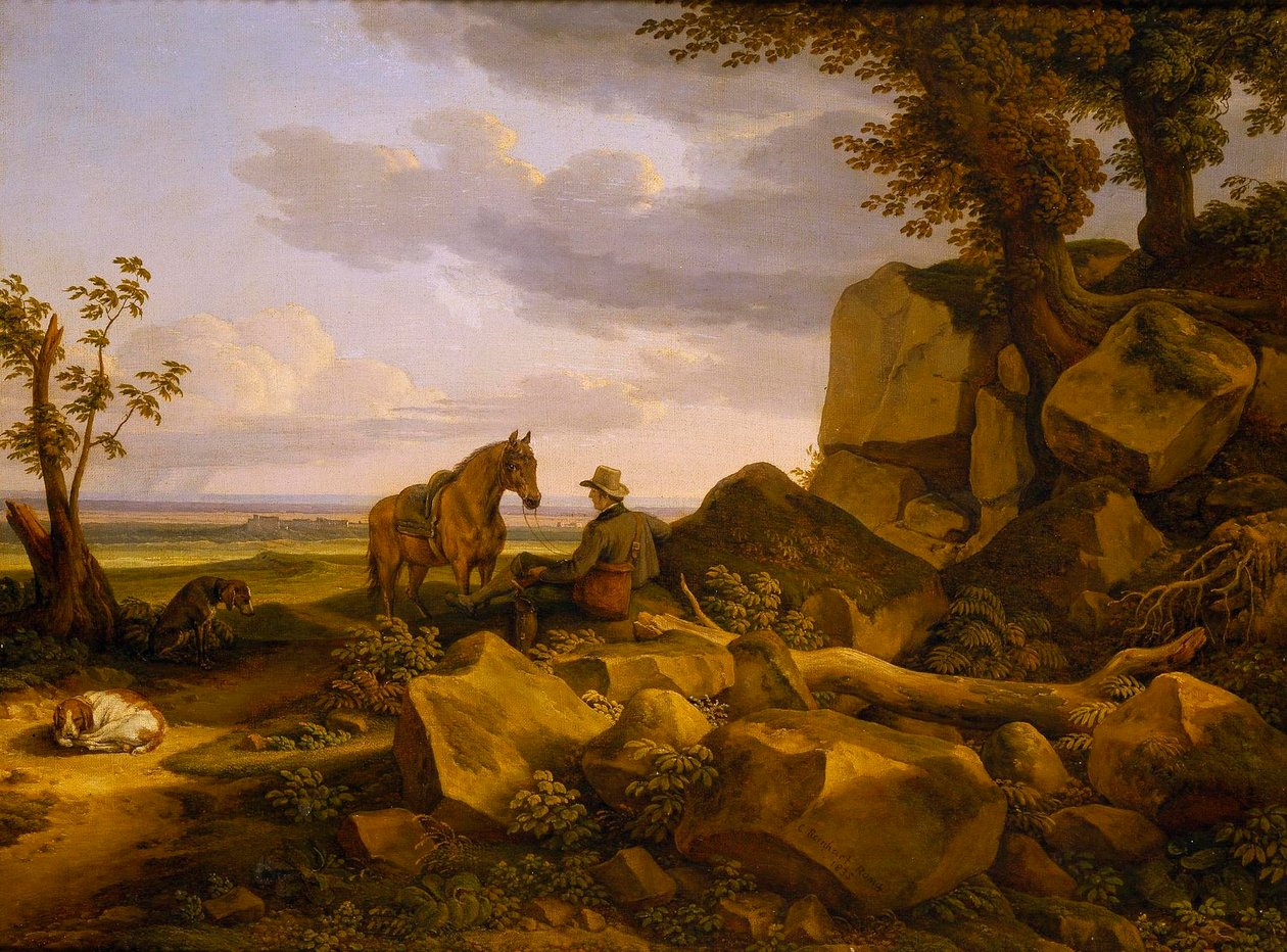 Italialainen maisema ja lepäävä metsästäjä, omakuva tekijältä Johann Christian Reinhart