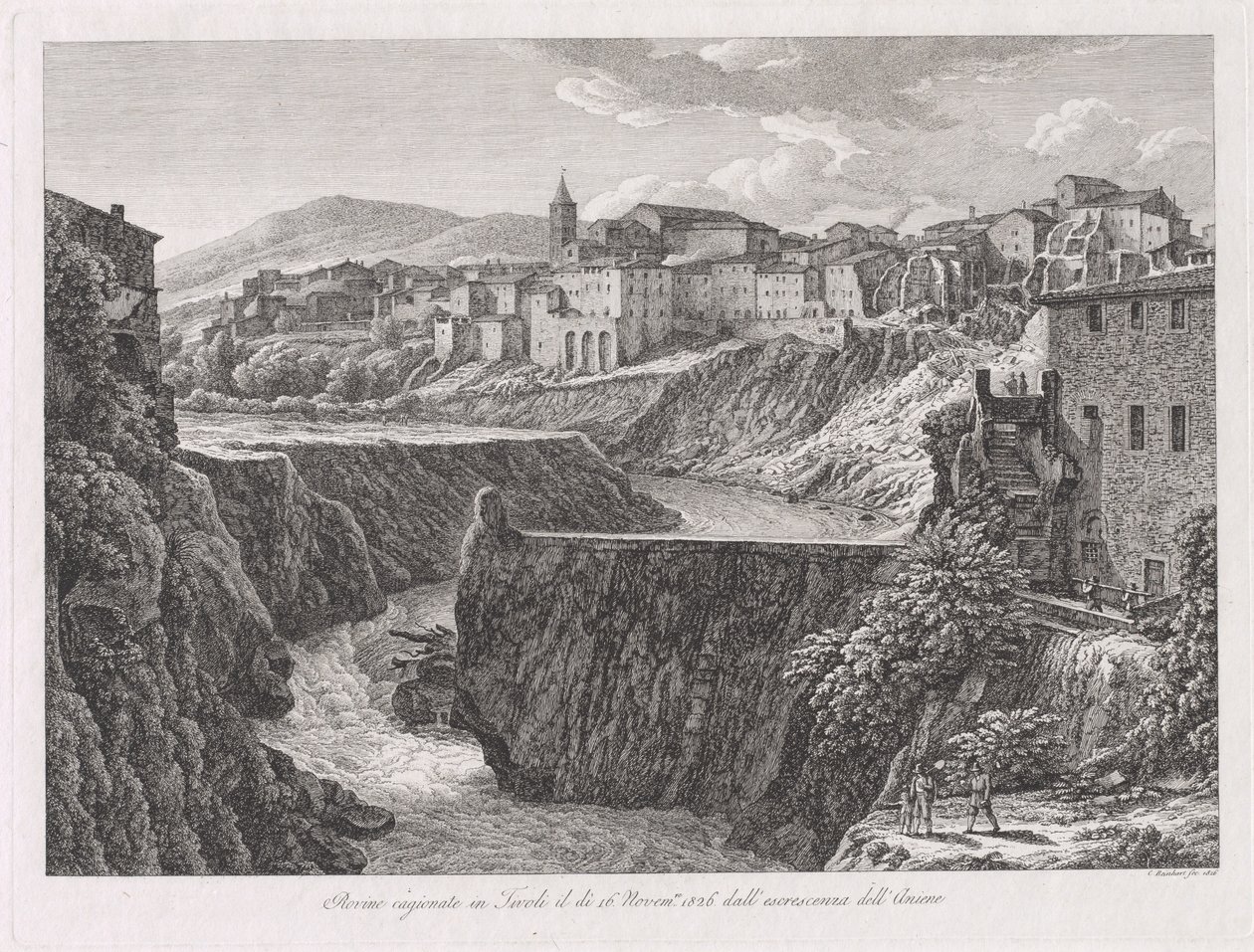Tivolissa, Anienen kasvun aiheuttamat rauniot (Aniene-joen tulvan tuhoama Tivoli) tekijältä Johann Christian Reinhart