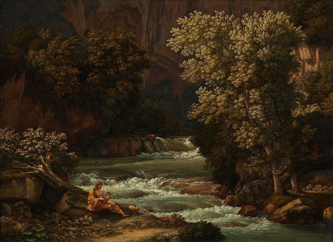 Näkymä Ponte Lupolle Tivolin lähellä, etualalla lyyraa soittava henkilö tekijältä Johann Christian Reinhart