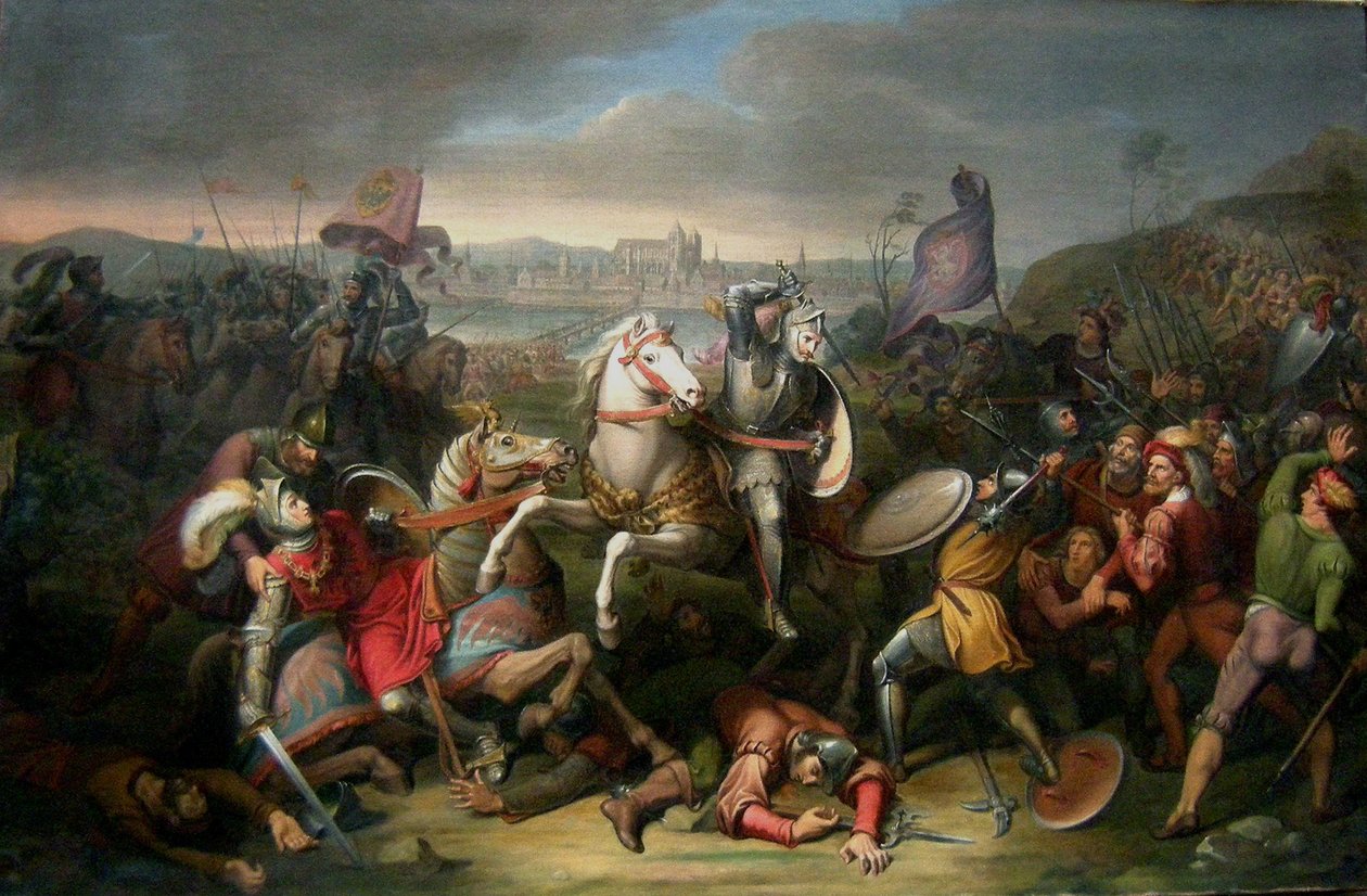 Herttua Erich von Calenberg pelastaa keisari Maximilianin taistelussa Regensburgissa vuonna 1504 tekijältä Johann Christian Riepenhausen
