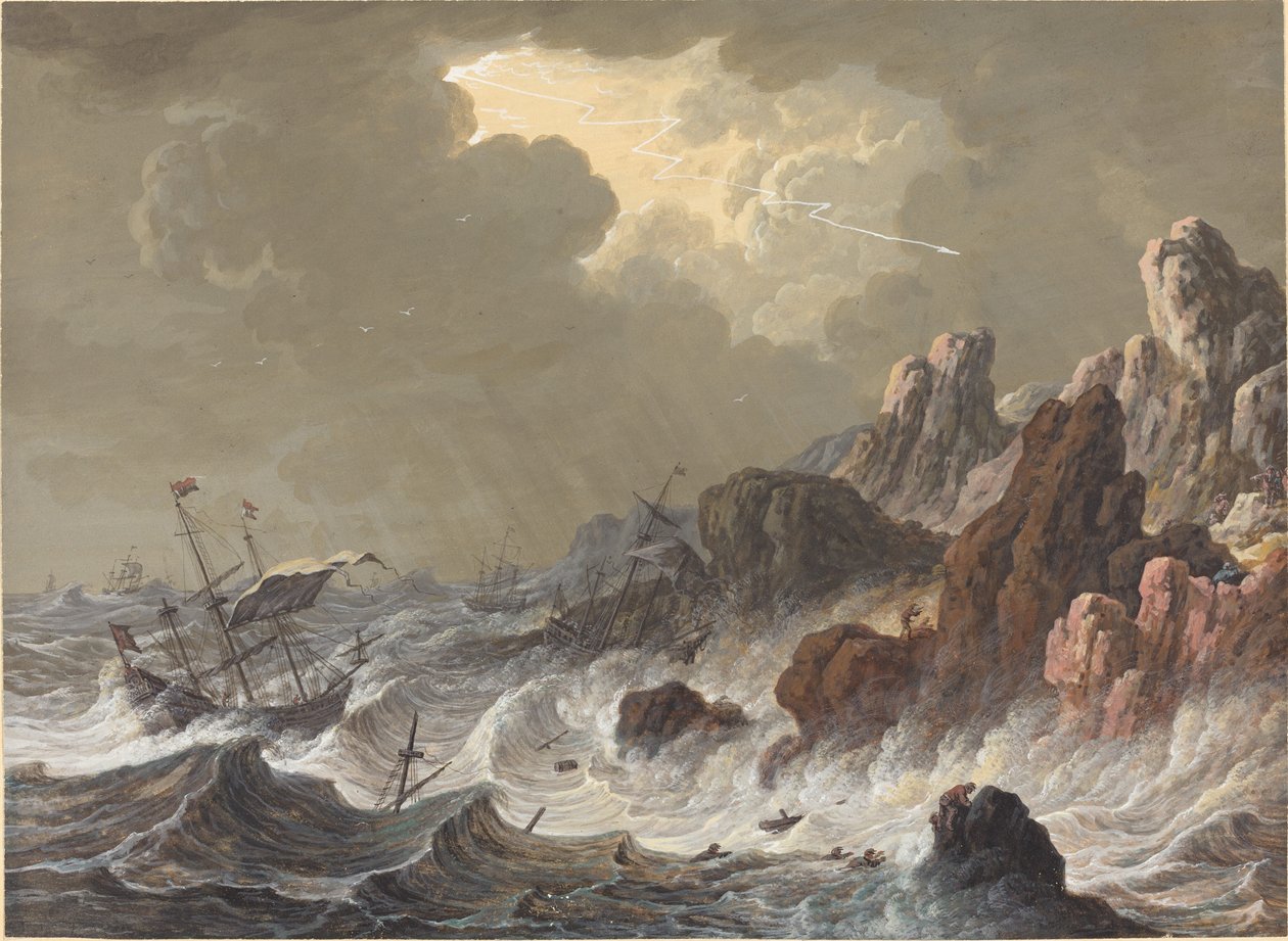 Myrskyn heittelemät alukset haaksirikkoutuivat kalliorannikolla. tekijältä Johann Christoph Dietzsch