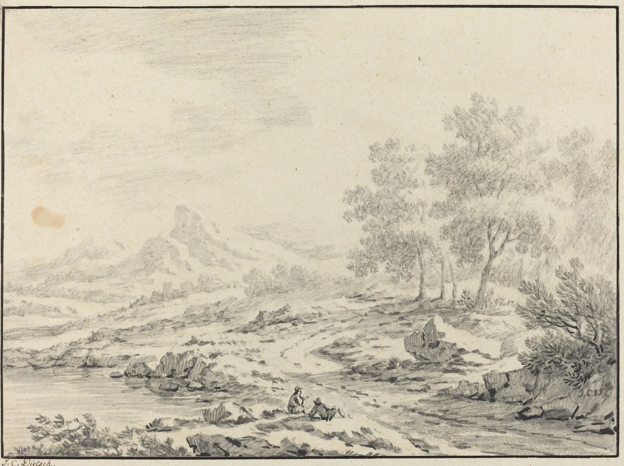 Kaksi miestä lepäämässä järven lähellä. tekijältä Johann Christoph Dietzsch