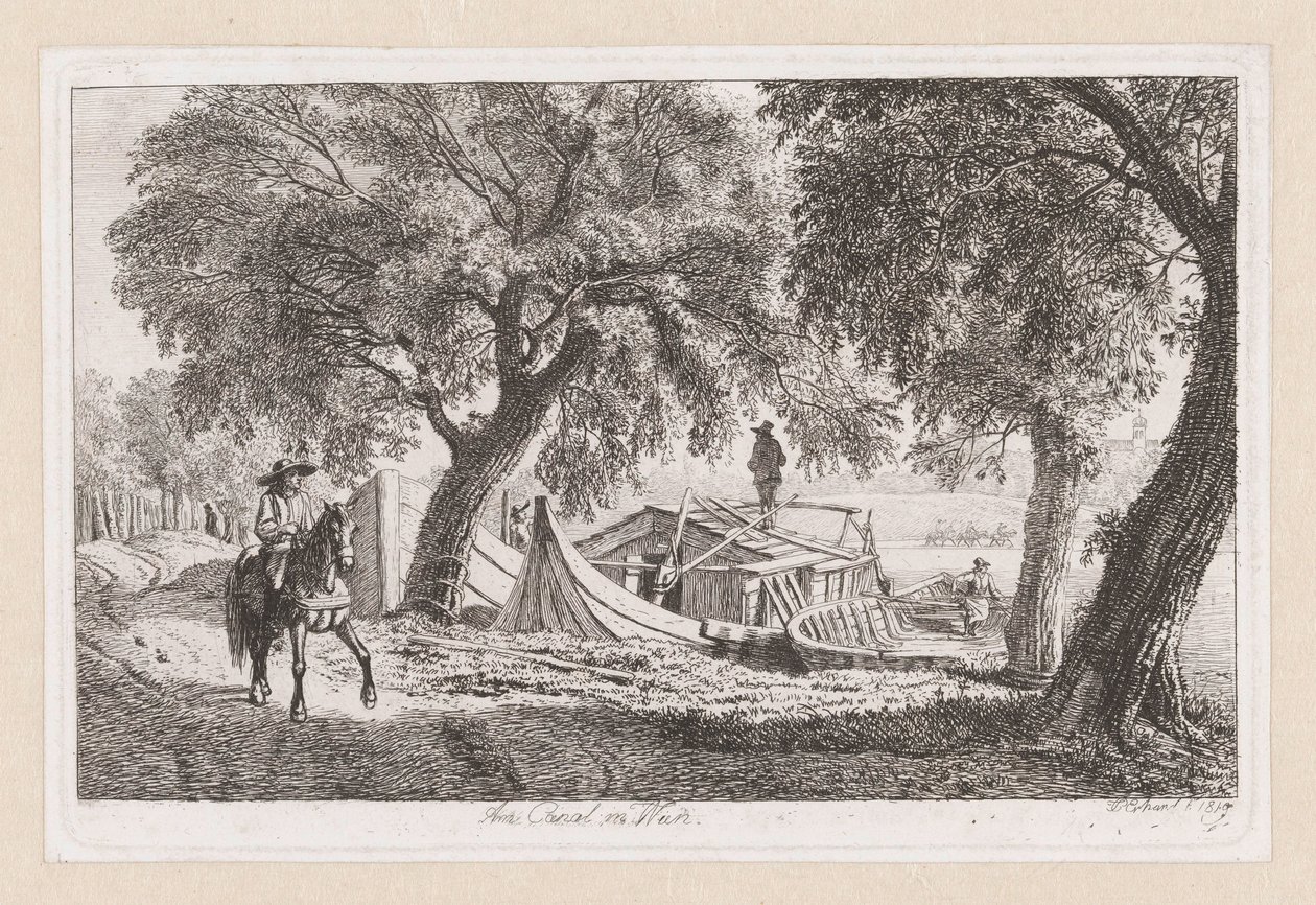 Ankkuroituja veneitä kanavan varrelle Wienissä Am Canal Wienissä (otsikko esineessä) tekijältä Johann Christoph Erhard
