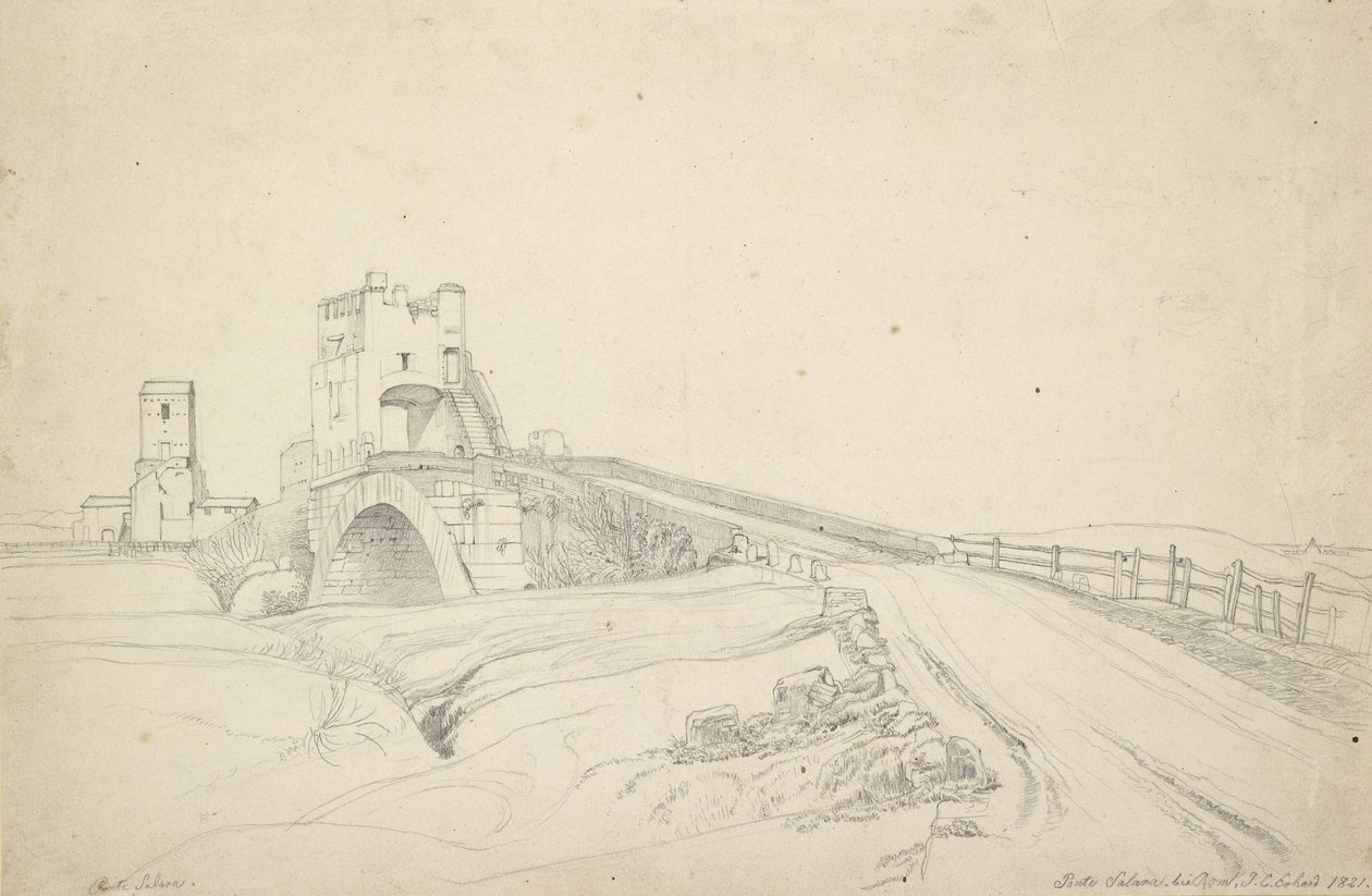 Ponte Salario lähellä Roomaa, 1821 (grafiitti luonnonvalkoiselle paperille). tekijältä Johann Christoph Erhard