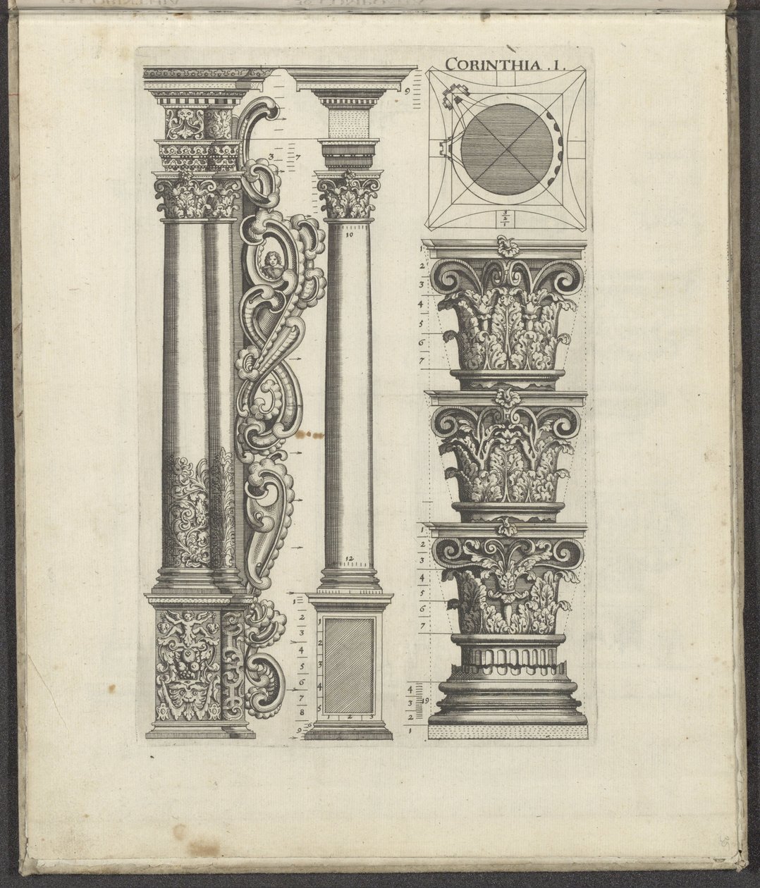 Korintin järjestyksen sarakkeet ja pääkaupungit Corinthia .I. (otsikko esineessä) Five Orders of Architecture (sarjan nimi) tekijältä Johann Christoph Feinlein