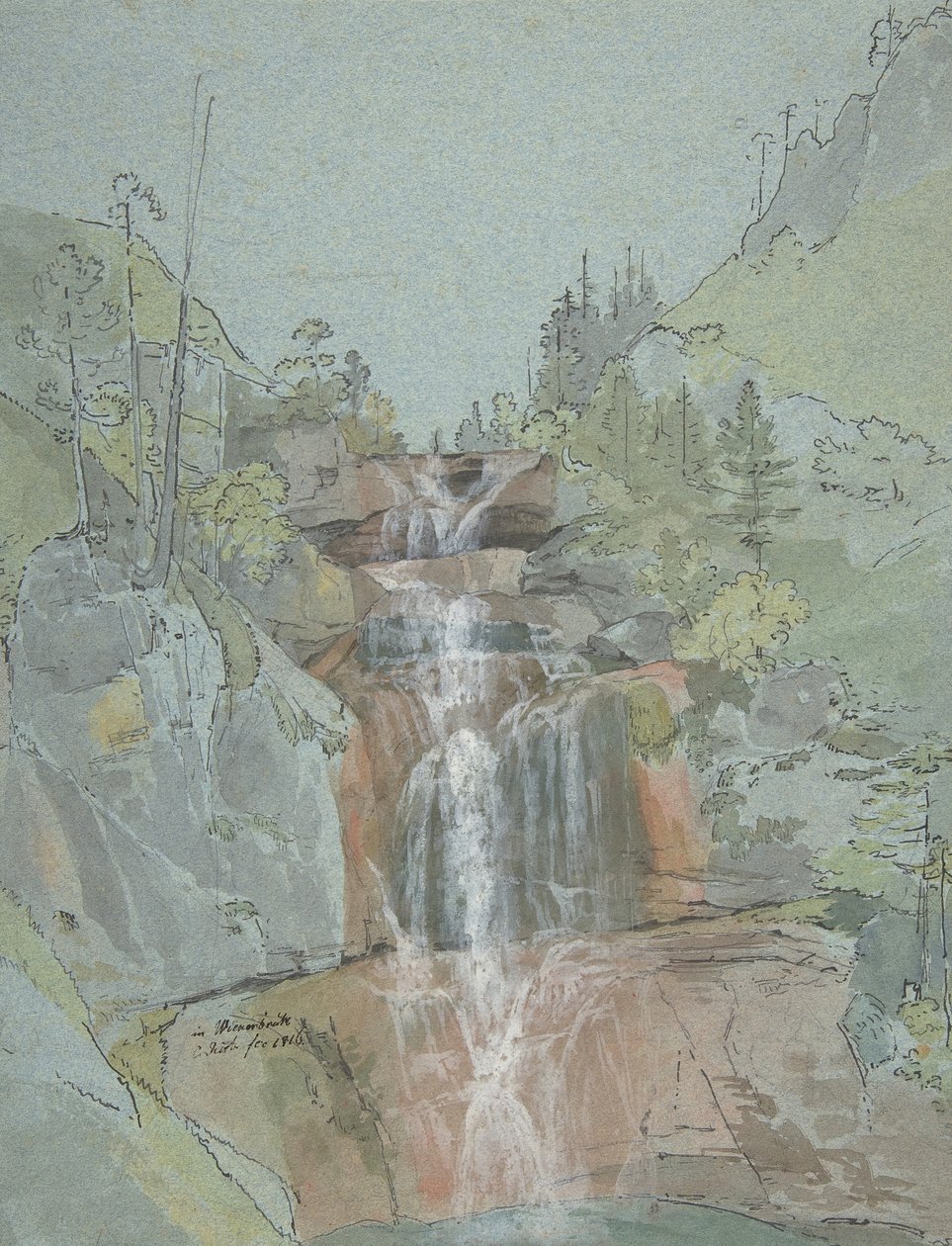Maisema ja vesiputous, 1816. tekijältä Johann Christoph Rist