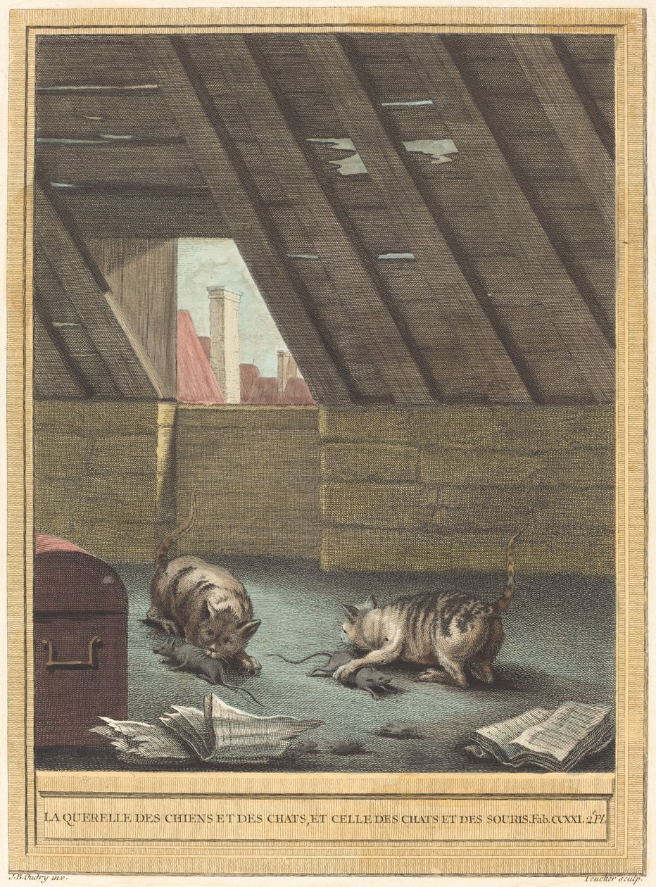 Kissojen ja koirien riita sekä kissojen ja hiirten riita tekijältä Johann Christoph Teucher after Jean Baptiste Oudry