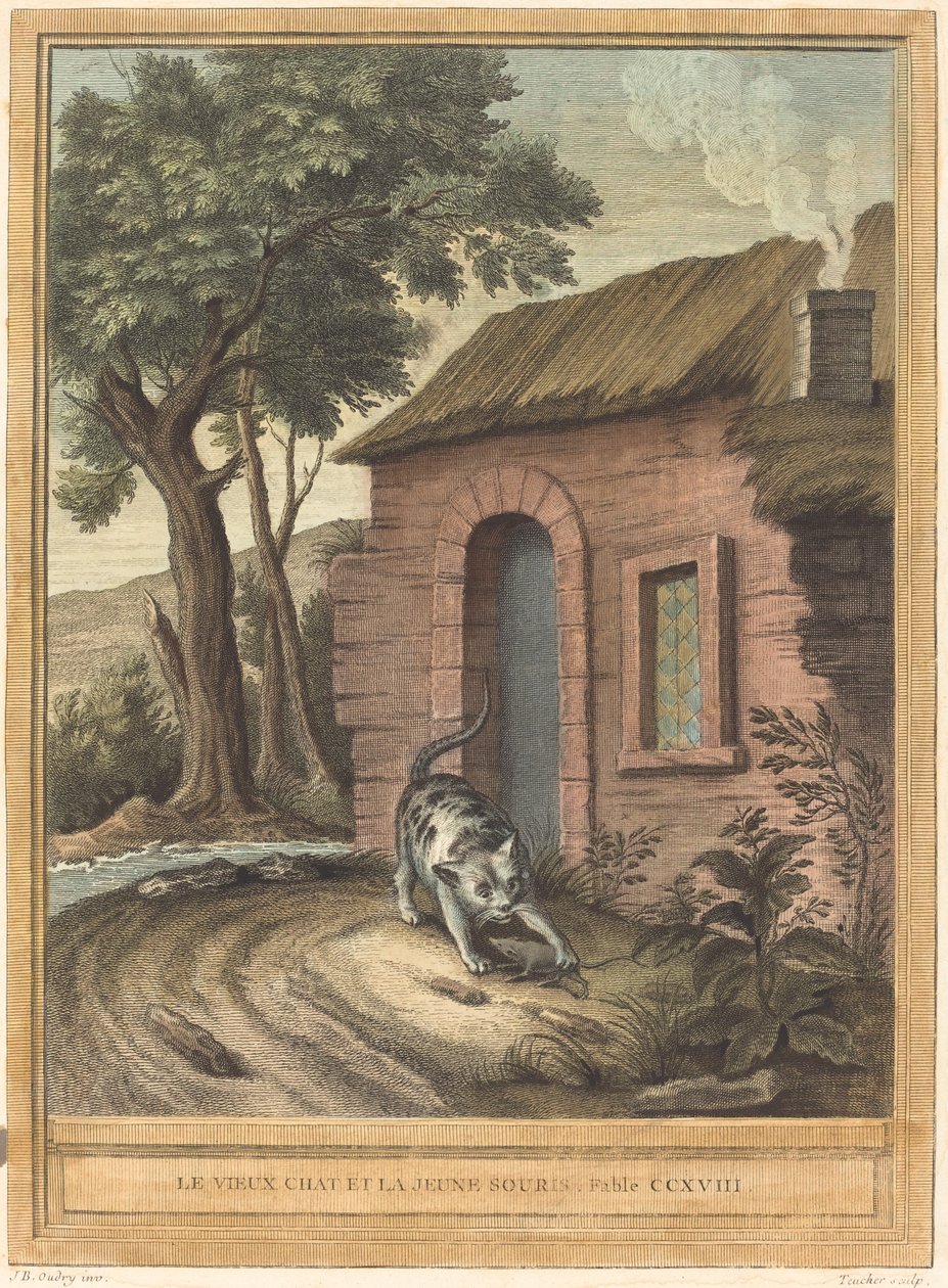 Vanha kissa ja nuori hiiri tekijältä Johann Christoph Teucher after Jean Baptiste Oudry