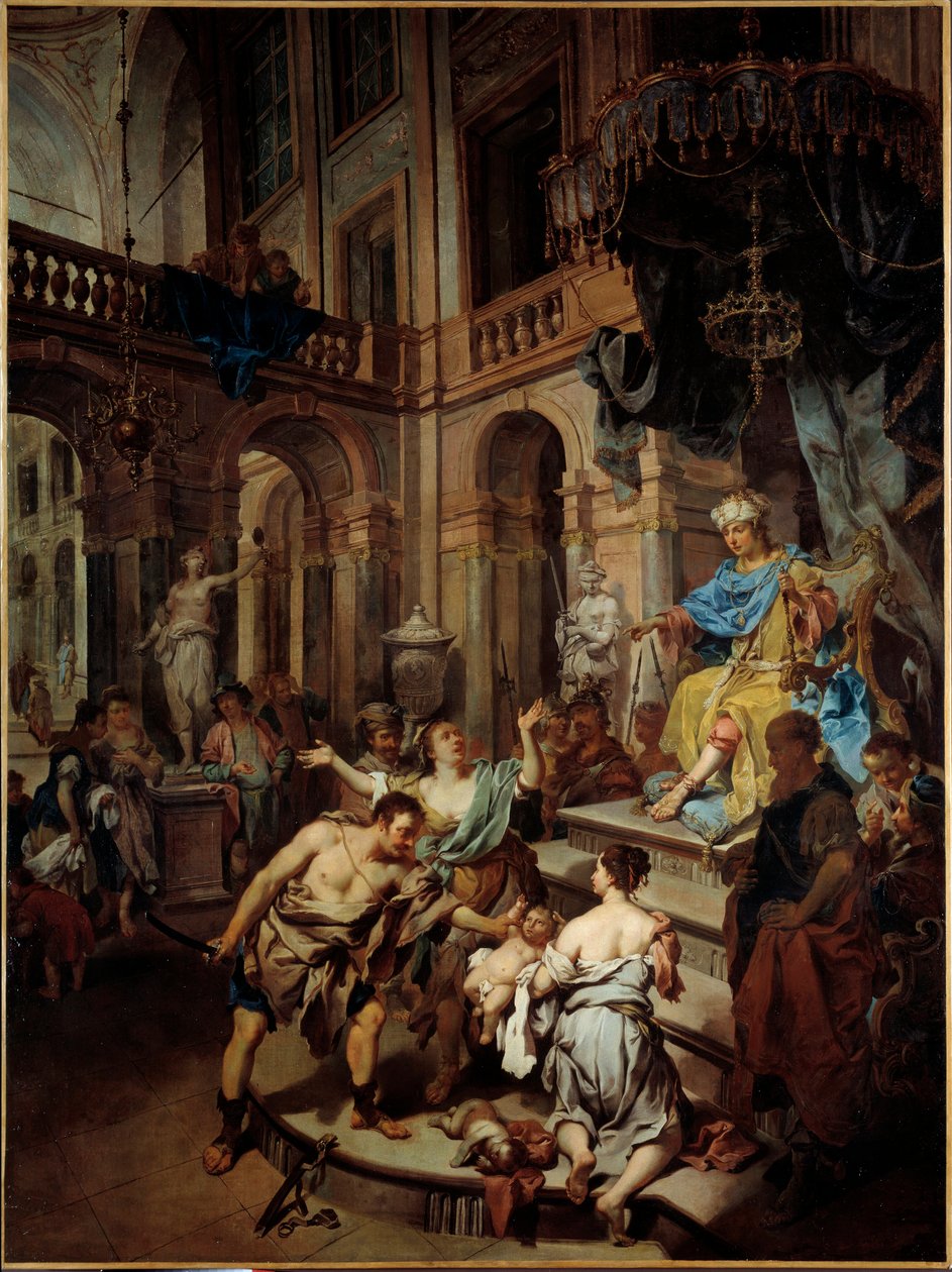 Salomonin tuomio Kaksi naista teeskentelee olevansa saman lapsen äiti. Johann Conrad Seekatzin (1719-1768) maalaus (ec.all.) 1700-luvun Brest, Kuvataidemuseo tekijältä Johann Conrad Seekatz