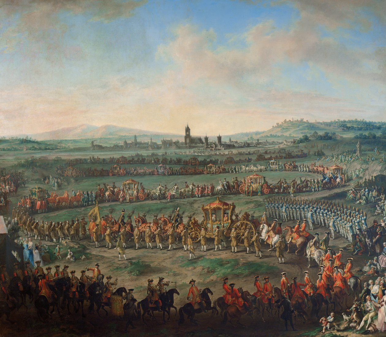 Keisari Franz I. Stephanin ja hänen poikansa Joosef (II) saapuminen Frankfurtiin 29. maaliskuuta 1764. tekijältä Johann Dallinger von Dalling