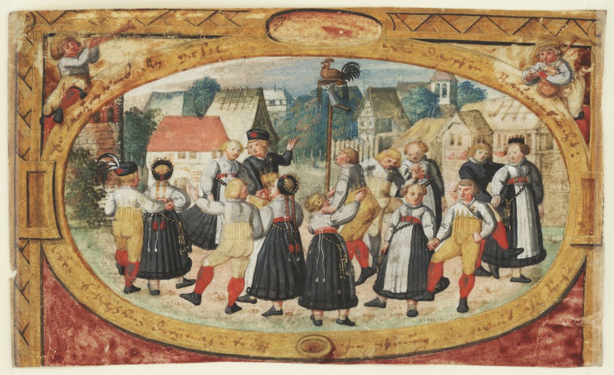 Miniatyyri lasten leikistä: lapset tanssivat kukon ympärillä. tekijältä Johann Daniel Schmied