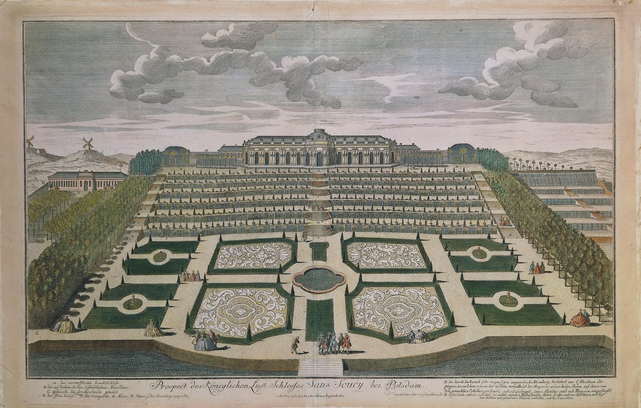 Perspektiivinäkymä Sanssoucin linnaan, Potsdam, Saksa tekijältä Johann David Schleuen