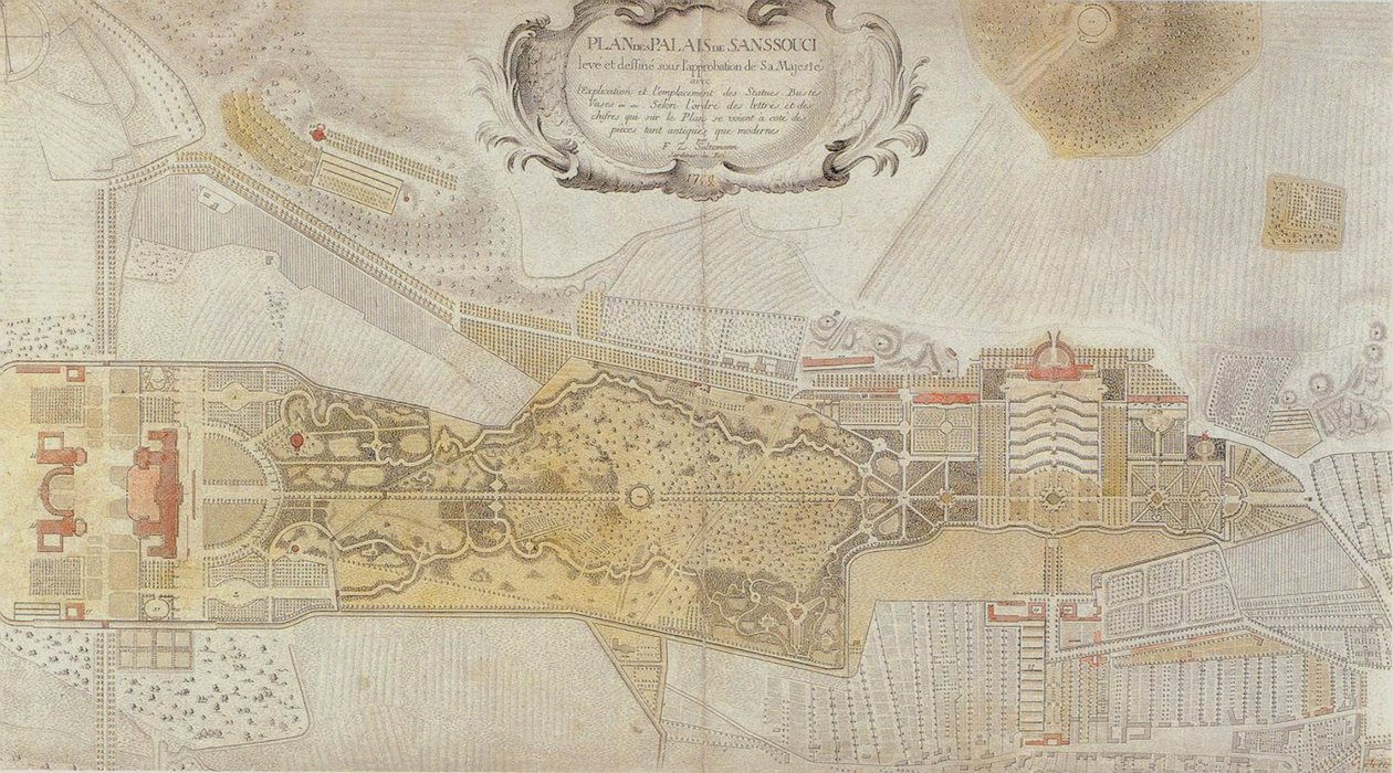 Potsdamin Sanssoucin Frederician puiston suunnitelma, 1772. tekijältä Johann David Schleuen