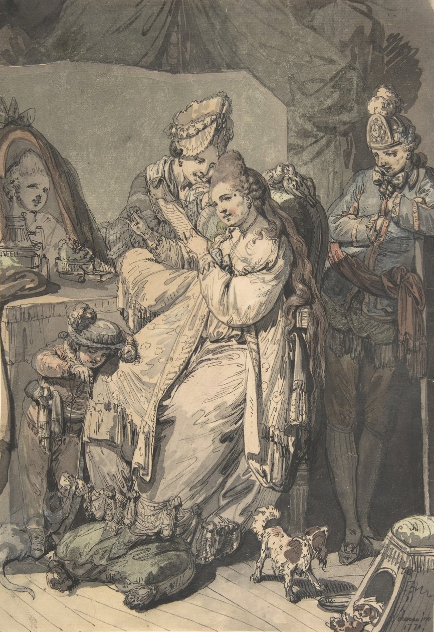 Nainen käymälässä palvelijan, pojan, koiran ja nuoren sotilaan kanssa, versio: Luonnos..., 1770. tekijältä Johann Eleazar Schenau