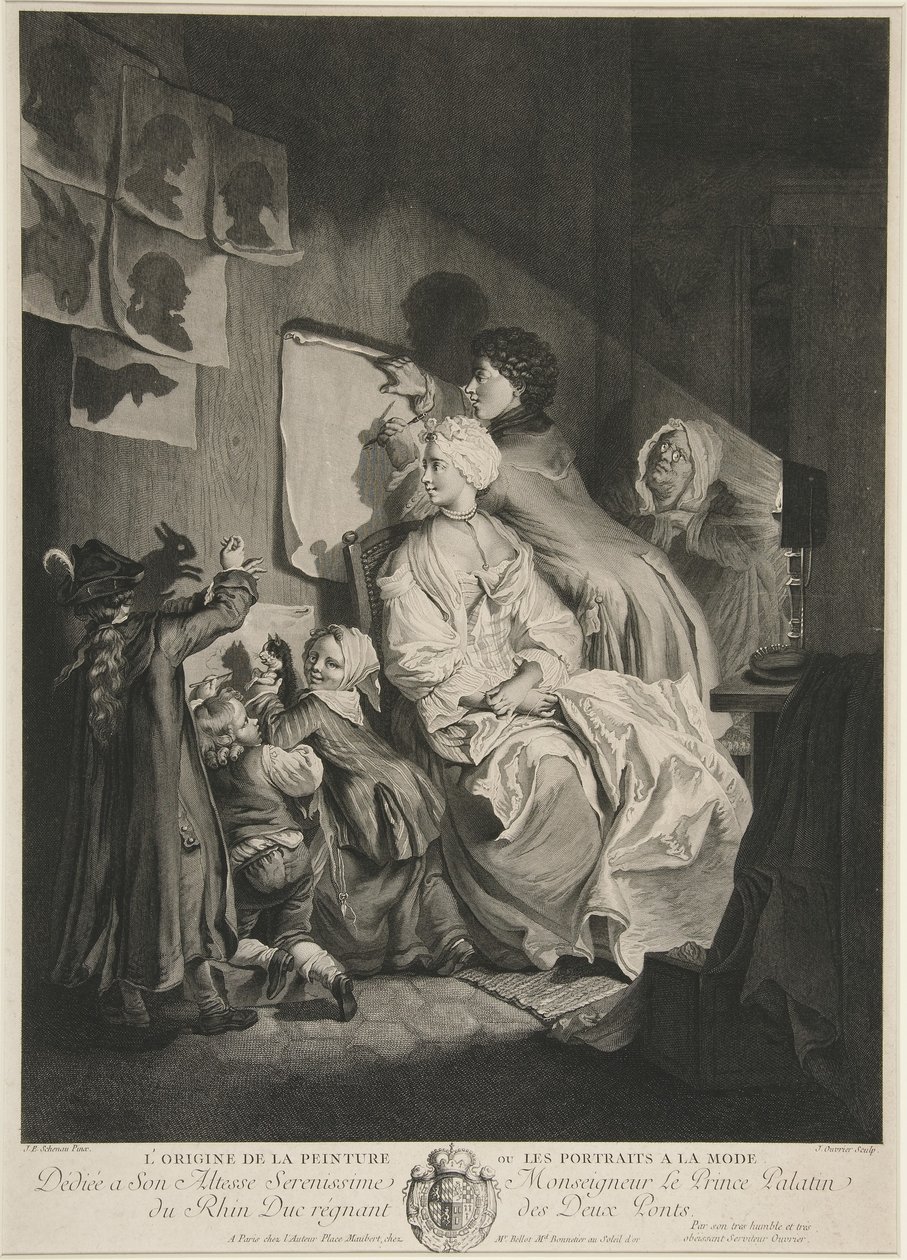 Maalauksen alkuperä tai muodikkaita muotokuvia; pub. 1767 tekijältä Johann Eleazar Schenau