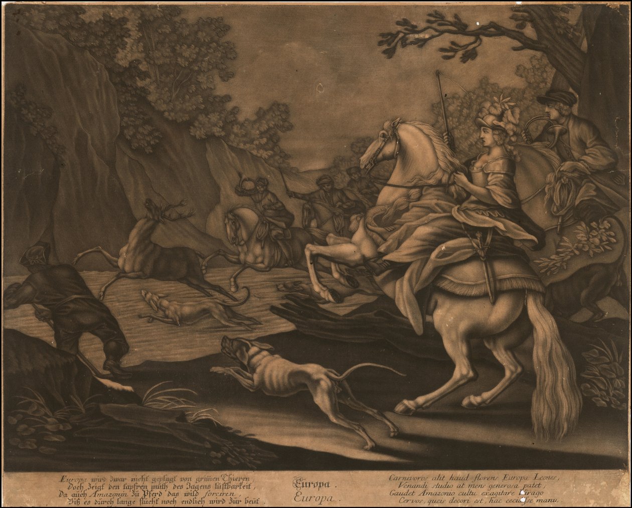 Ca. 1770 allegorinen sekatintta Euroopasta. tekijältä Johann Elias Ridinger