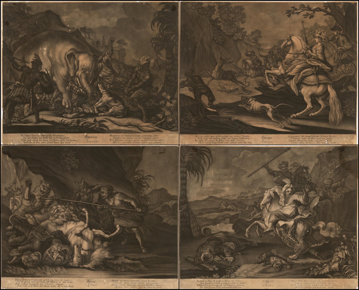 Ca. 1770 Afrikan, Aasian, Amerikan ja Euroopan allegoriset sekatulosteet yhdellä sivulla. tekijältä Johann Elias Ridinger