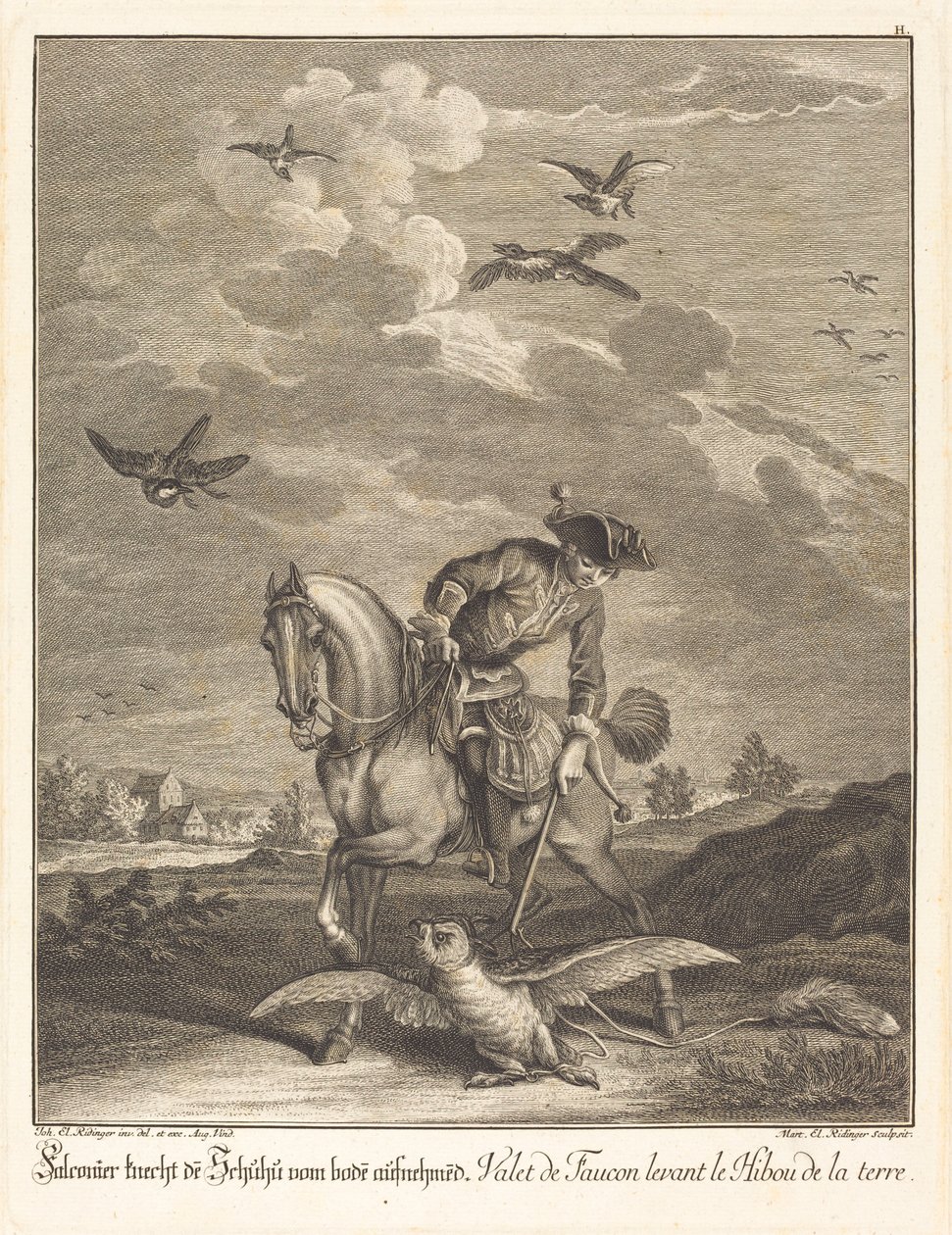 Falconeer nostaa pöllön maasta tekijältä Johann Elias Ridinger