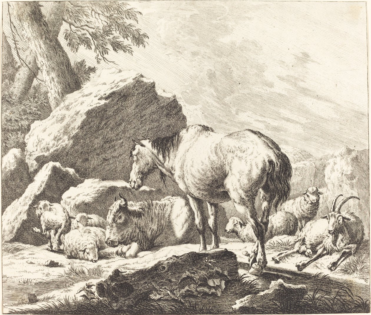 Hevonen, puhveli, lammas ja vuohi italialaisessa maisemassa tekijältä Johann Elias Ridinger after Johann Heinrich Roos