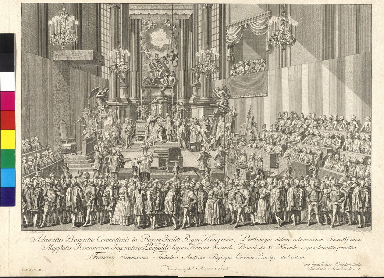 Keisari Leopold II:n kruunajaiset Unkarin kuninkaaksi Bratislavassa 15. marraskuuta 1790 (kuparikaiverrus). tekijältä Johann Ernst Mansfeld