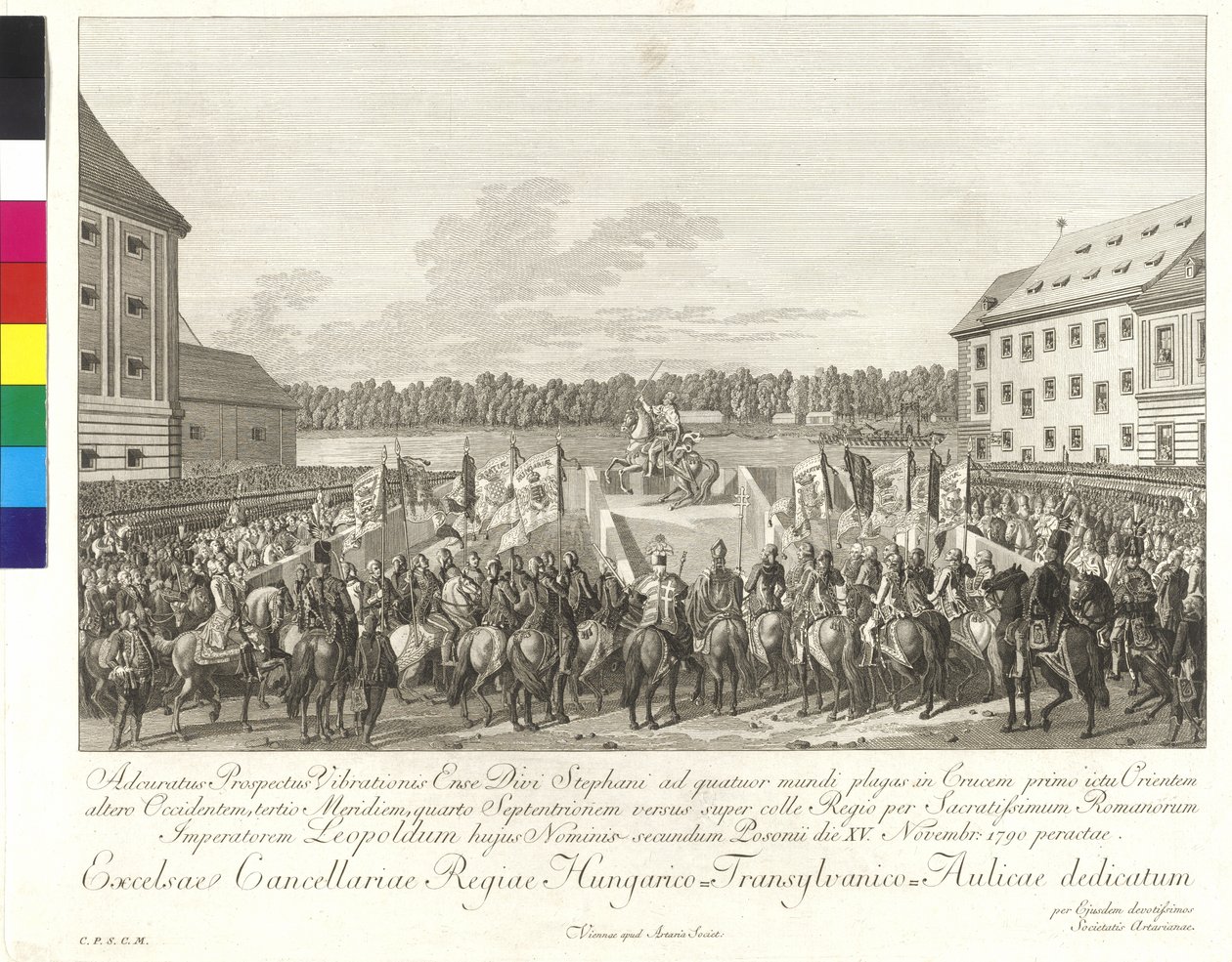 Keisari Leopold II:n kruunajaiset Unkarin kuninkaaksi Bratislavassa 15. marraskuuta 1790 (kuparikaiverrus). tekijältä Johann Ernst Mansfeld