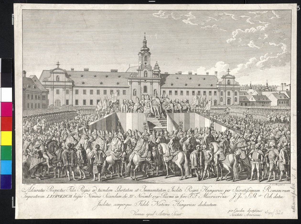 Keisari Leopold II:n kruunajaiset Unkarin kuninkaaksi Bratislavassa 15. marraskuuta 1790 (kuparikaiverrus). tekijältä Johann Ernst Mansfeld