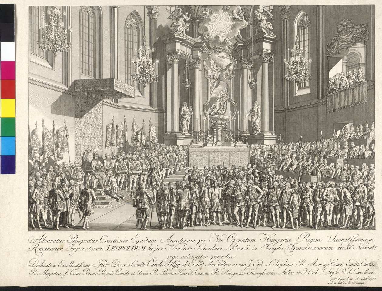 Keisari Leopold II:n kruunajaiset Unkarin kuninkaaksi Bratislavassa 15. marraskuuta 1790 (kuparikaiverrus). tekijältä Johann Ernst Mansfeld