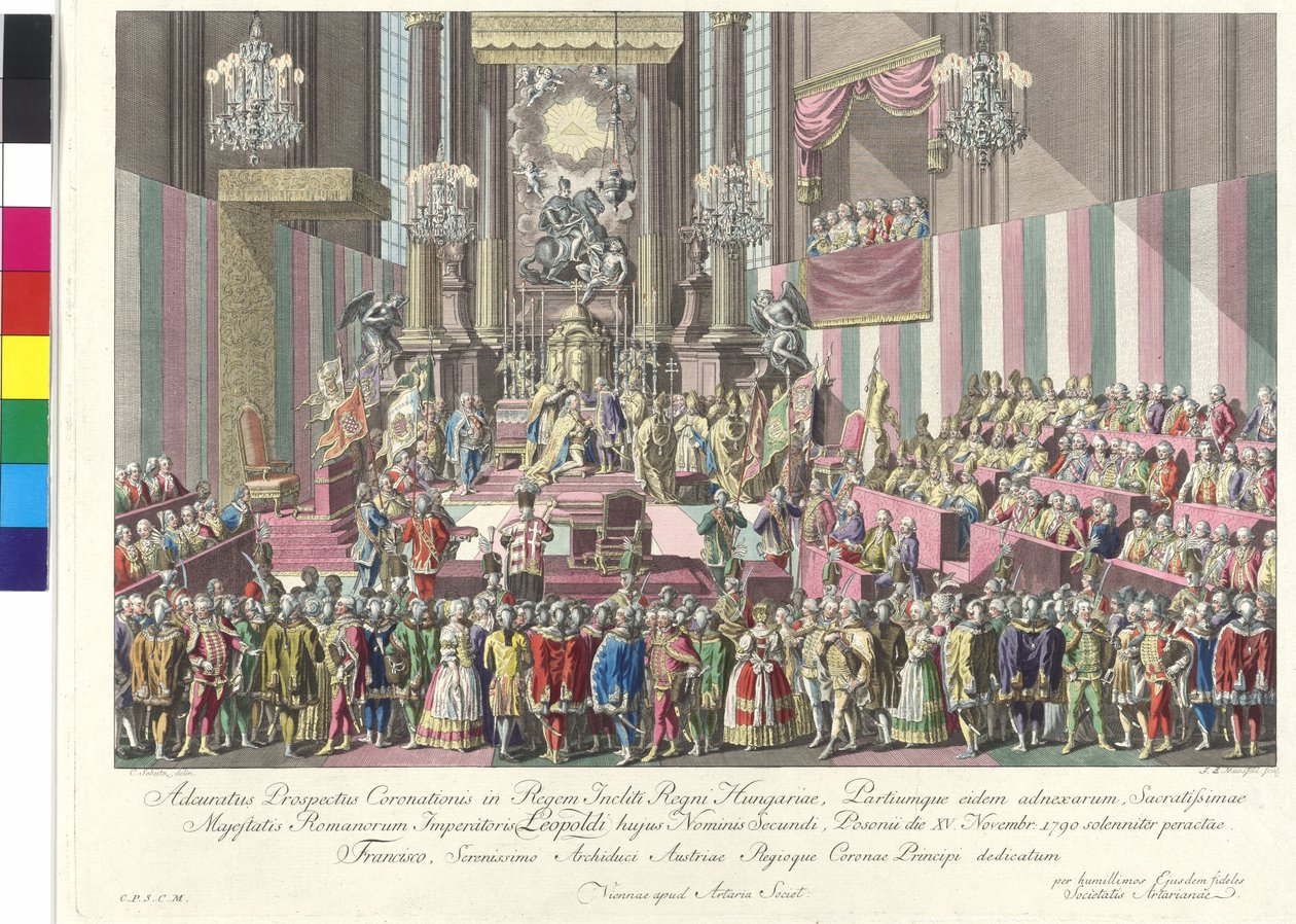 Keisari Leopold II:n kruunajaiset Unkarin kuninkaaksi Bratislavassa 15. marraskuuta 1790 (kuparikaiverrus). tekijältä Johann Ernst Mansfeld