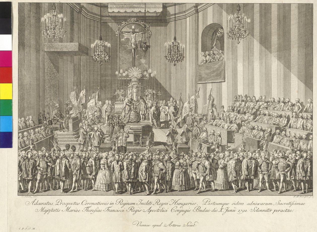 Keisarinna Maria Teresian kruunajaiset Unkarin kuningattareksi 10. kesäkuuta 1792 Budapestissä. tekijältä Johann Ernst Mansfeld
