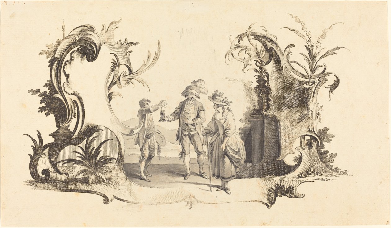 Cartouche Moderne, jossa nuori pari tarjoilee viiniä tekijältä Johann Esaias Nilson