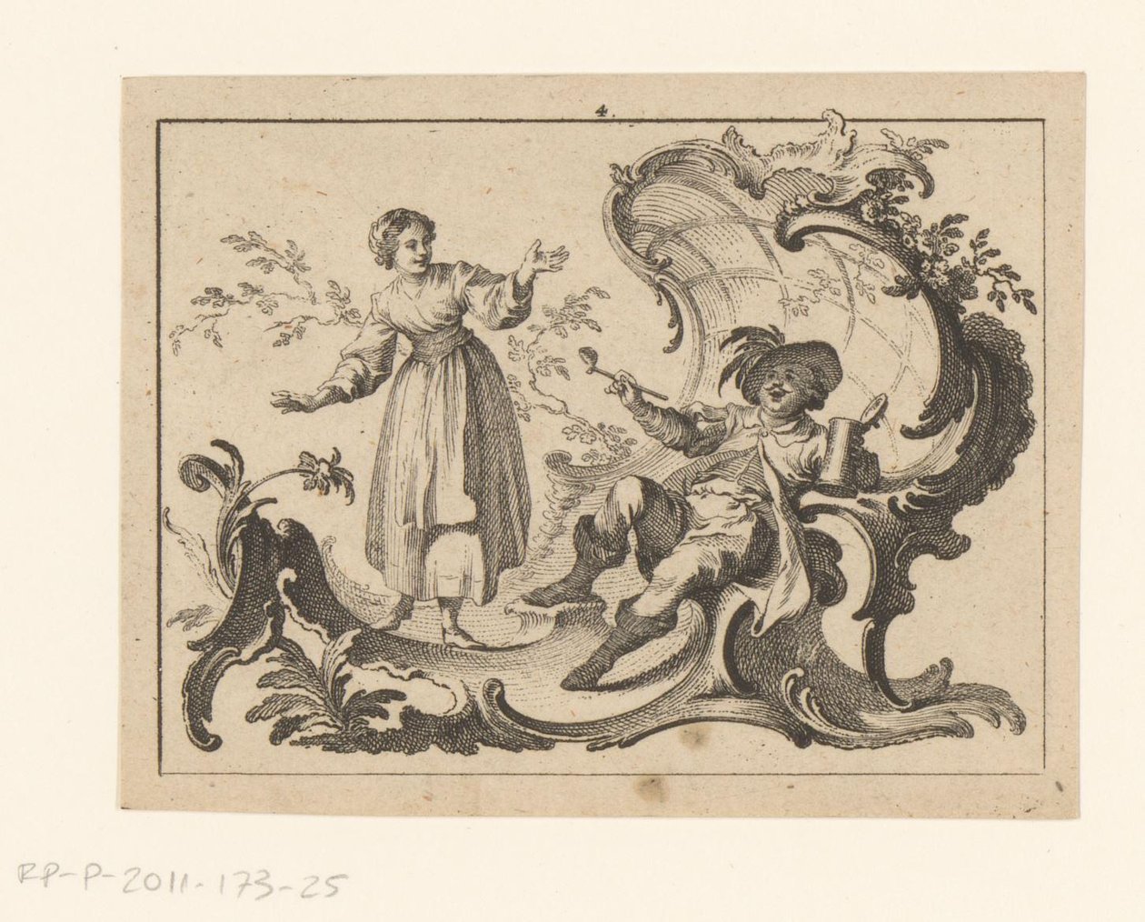 Home fumant i bevent amb pipa assegut sobre un ornament rococó Acabat de fumadors amb ornament rococó (títol de la sèrie). tekijältä Johann Esaias Nilson