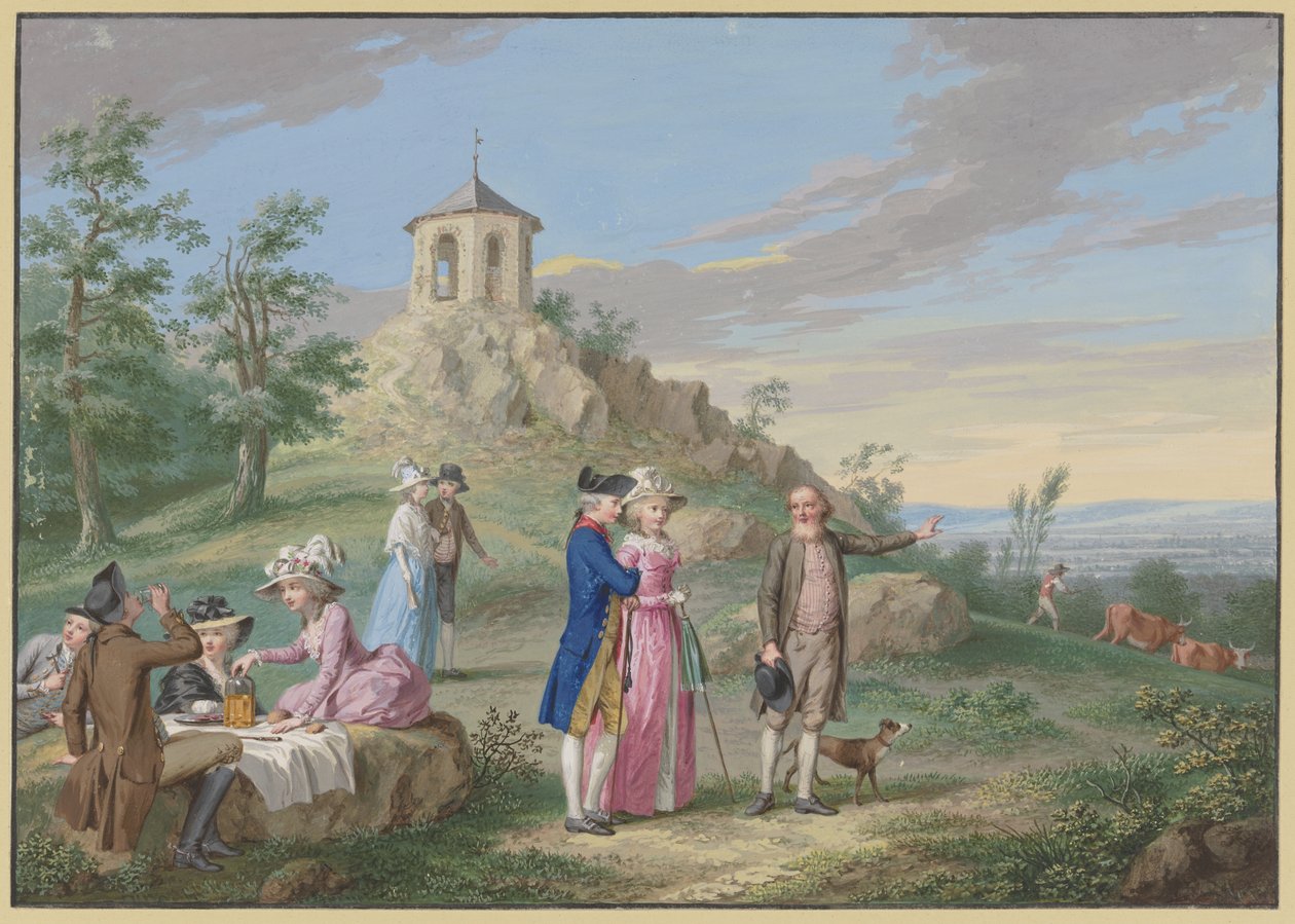 Naisia ja herrasmiehiä lepäämässä ulkona pienen temppelin käsittämän kukkulan juurella, opas näyttää maisemaa nuorelle parille tekijältä Johann Friedrich August Tischbein