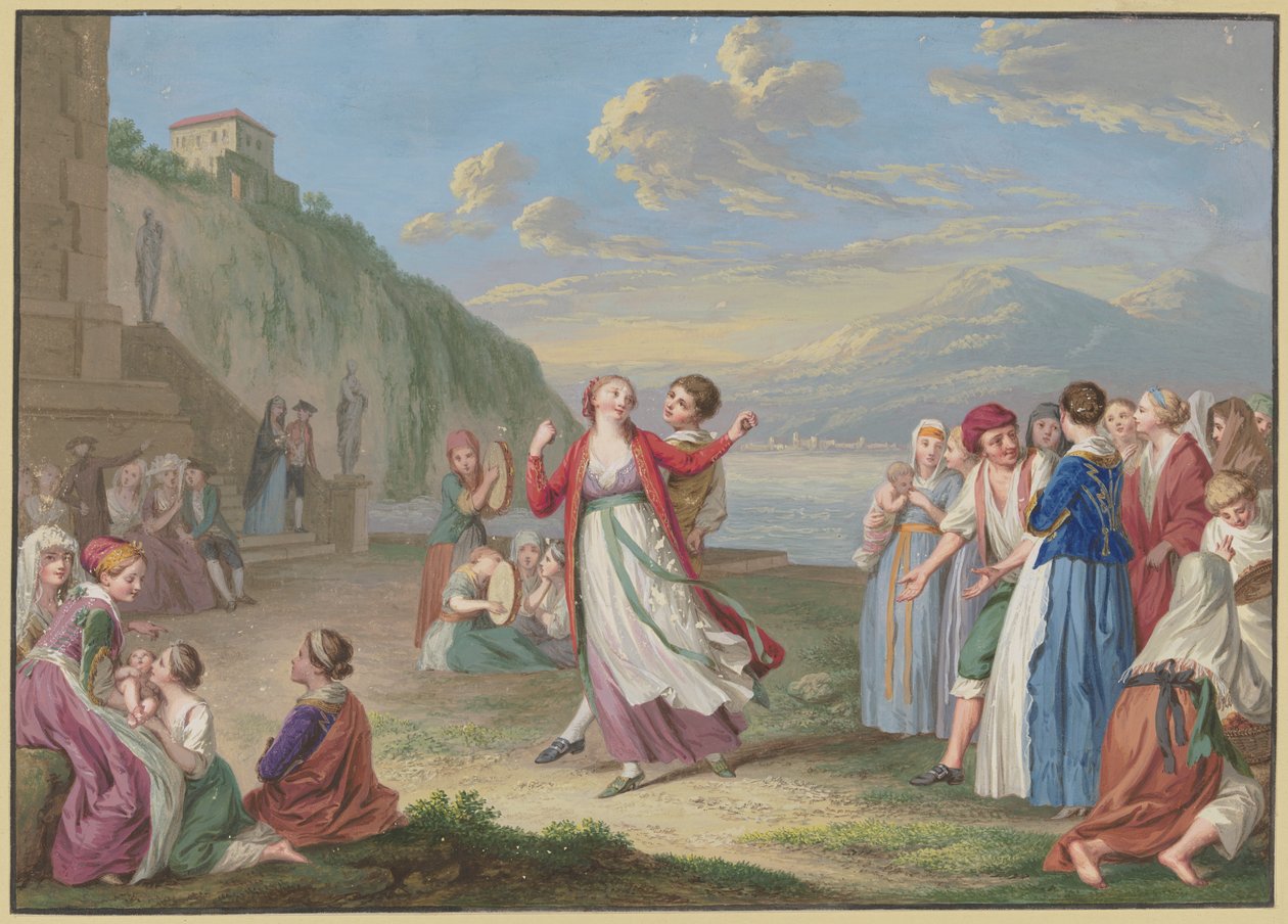 Italialaiset maalaiset huvittelevat järven rannalla leikkien ja tanssien, taustalla korkeita vuoria tekijältä Johann Friedrich August Tischbein
