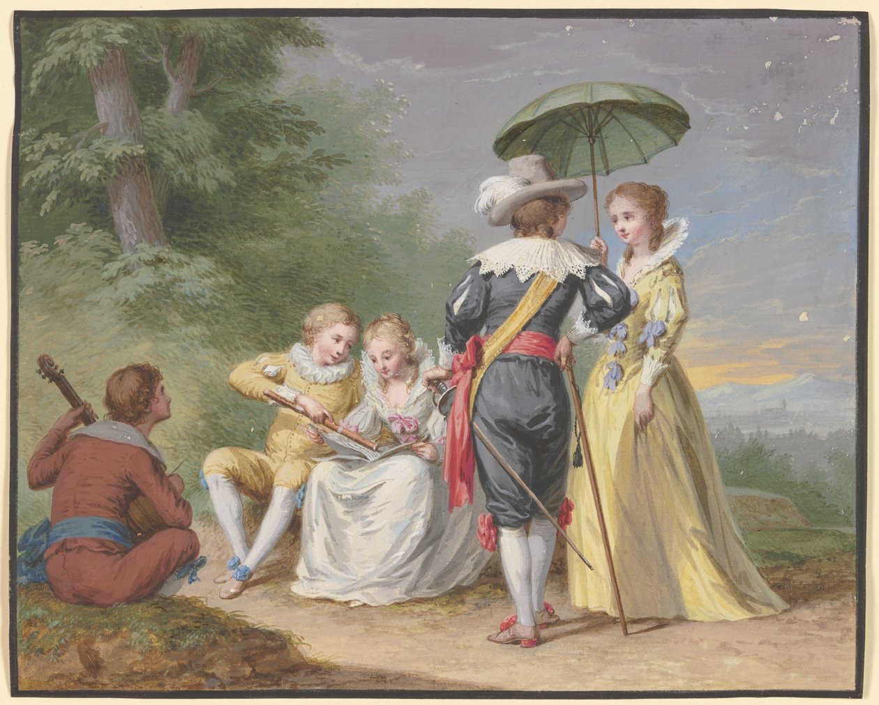 Metsänreunassa musisoiva seurue tekijältä Johann Friedrich August Tischbein