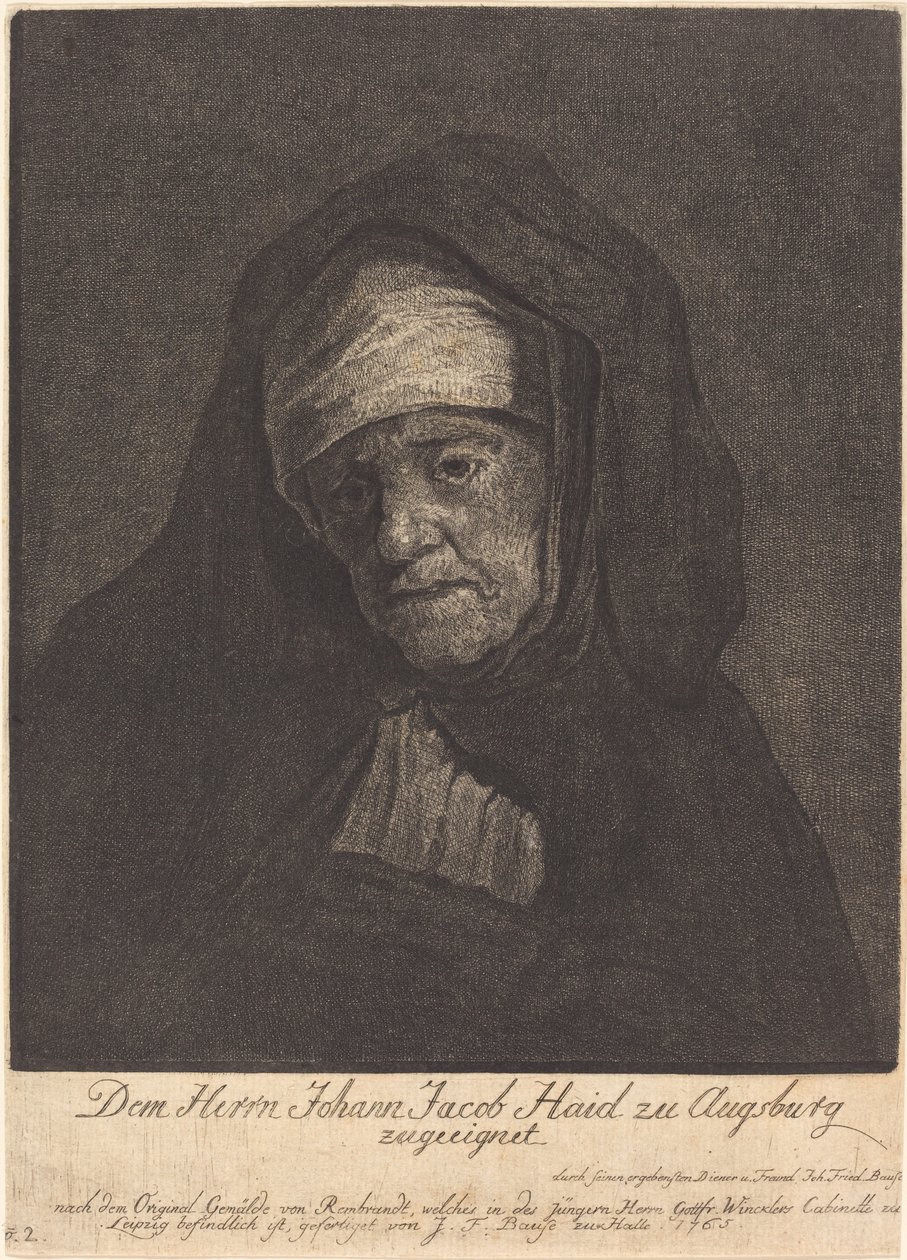 Ikääntyneen naisen pää tekijältä Johann Friedrich Bause after Rembrandt van Rijn