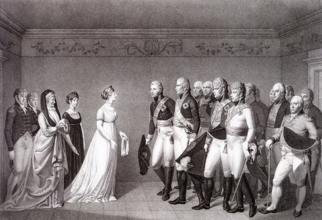 Preussin Luisen ja Venäjän kruununprinssin Aleksanterin tapaaminen Memelissä, 1805 tekijältä Johann Friedrich Bolt