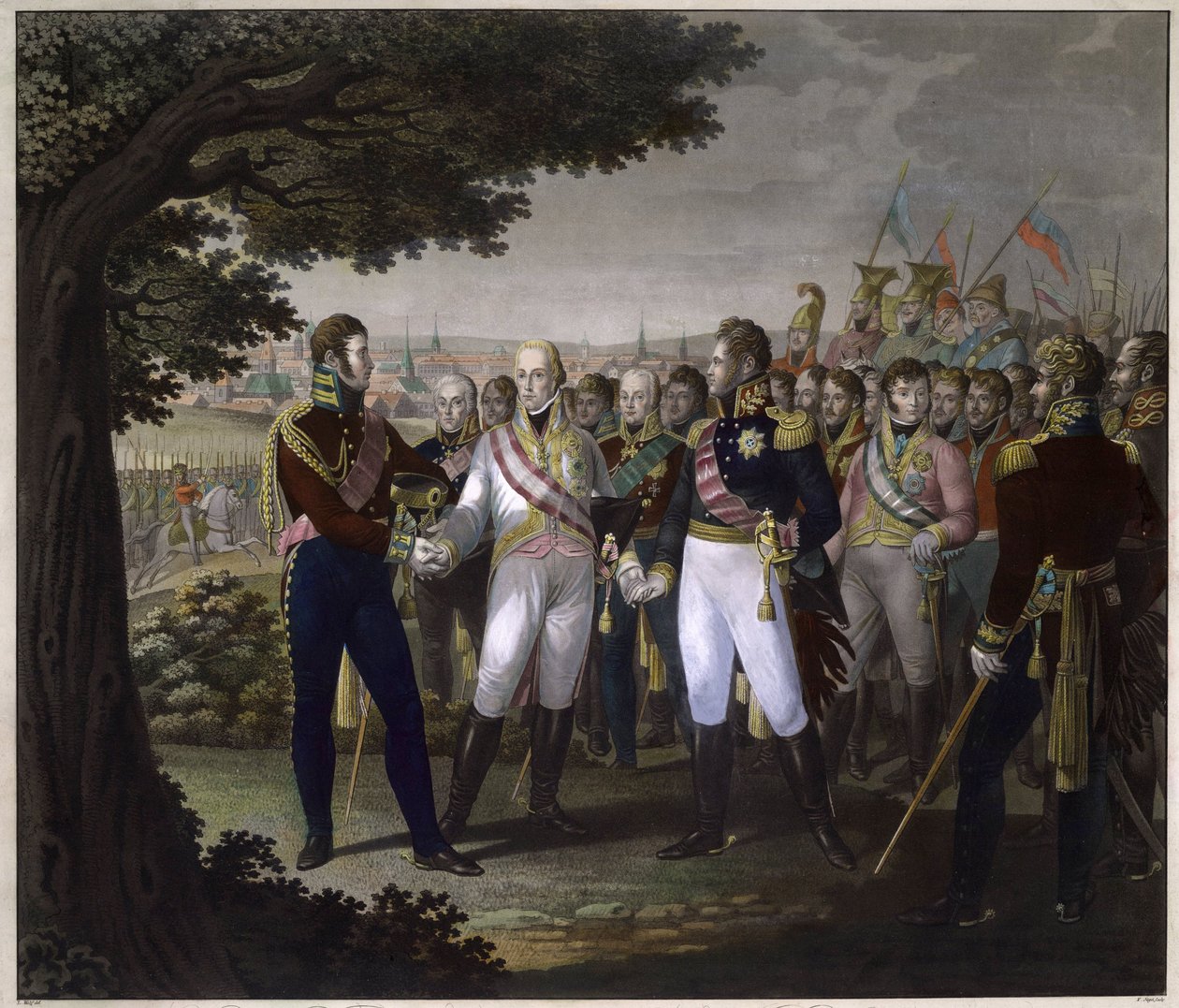 Venäjän tsaari Aleksanteri I (1777-1825), Itävallan keisari Francois I (1768-1835) ja Preussin kuningas Frederic Guillaume (Frederic-Guillaume) III Prahassa 18. maaliskuuta 1813 - Itävallan keisarien Francis I:n ja Aleksanteri I:n tapaaminen Venäjä ja Fre tekijältä Johann Friedrich Jügel