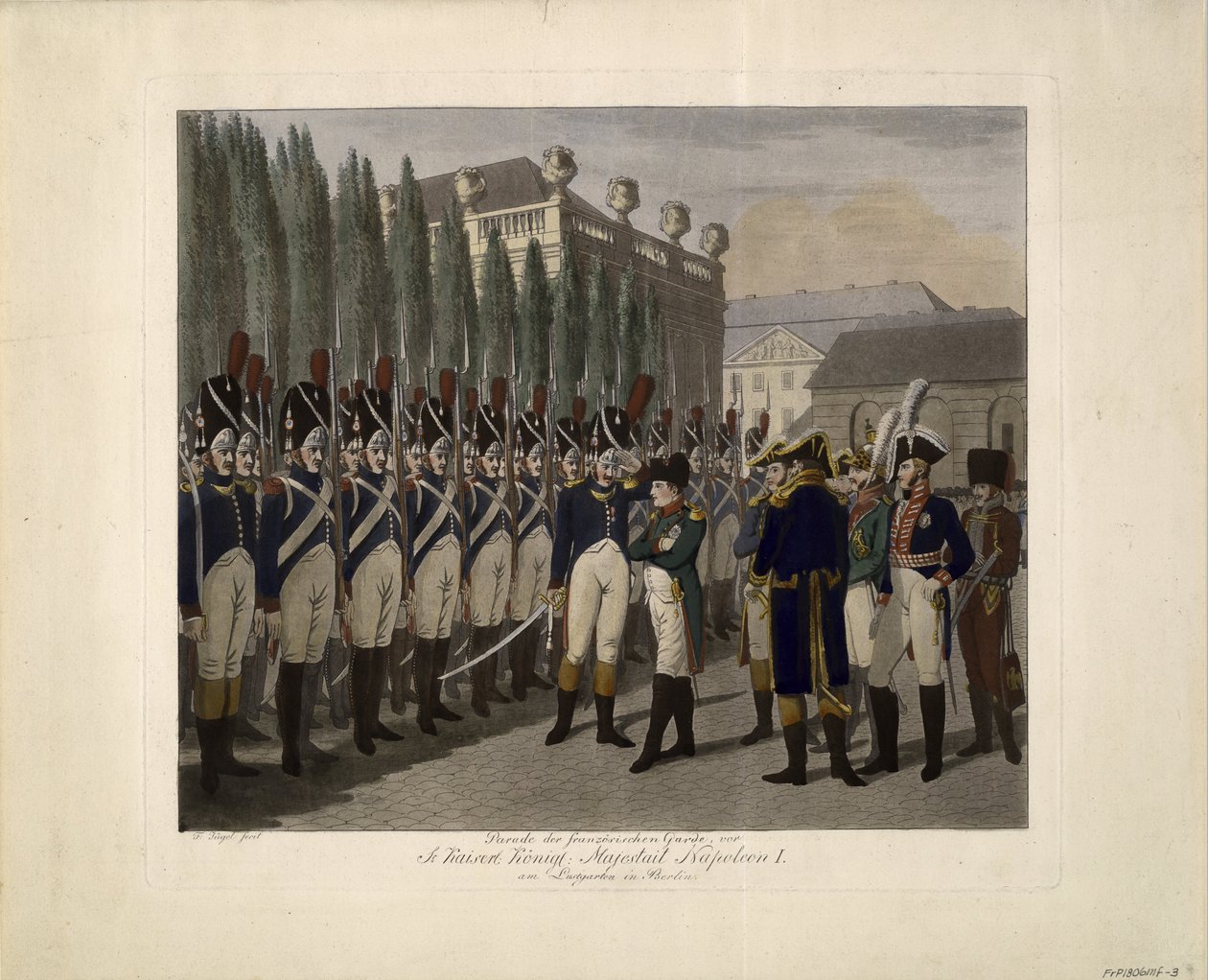 Ranskalaisten vartijoiden paraati Lustgartenissa Berliinissä 1806, 1806 tekijältä Johann Friedrich Jügel