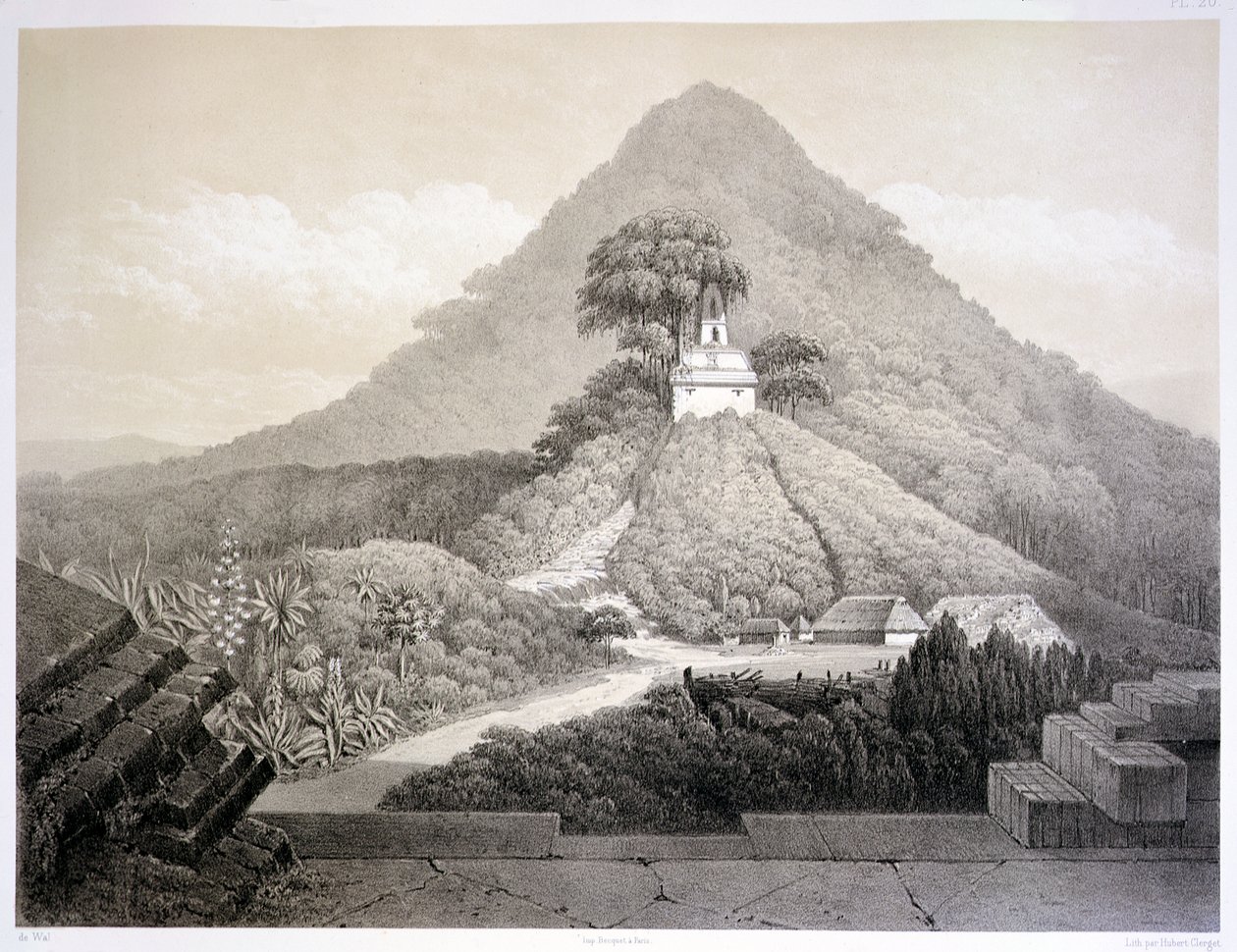 Kuvankaunis näkymä Ristin temppelissä, Palenque, levy 20 julkaisusta "Ancient Monuments of Mexico", kaiverrus Hubert Clerget (1818-99) 1866 (litho) tekijältä Johann Friedrich Maximilian von (after) Waldeck